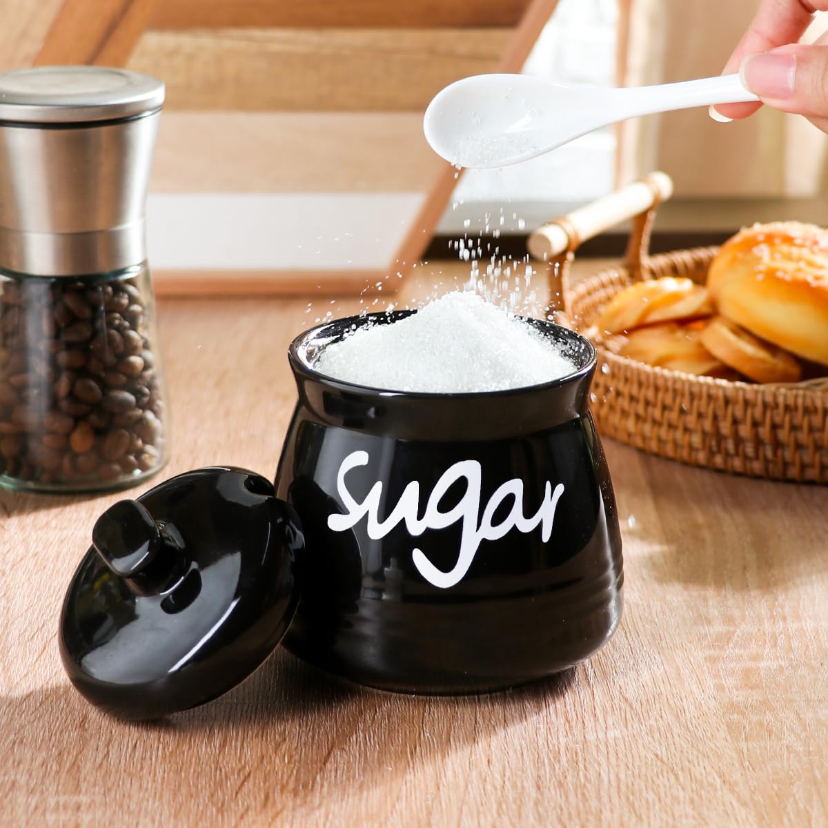 Ymyaye Ceramic Sugar Bowl with Lid and Spoon, 12oz Porcelain Sugar Jar for Home and Kitchen Decor (Black)