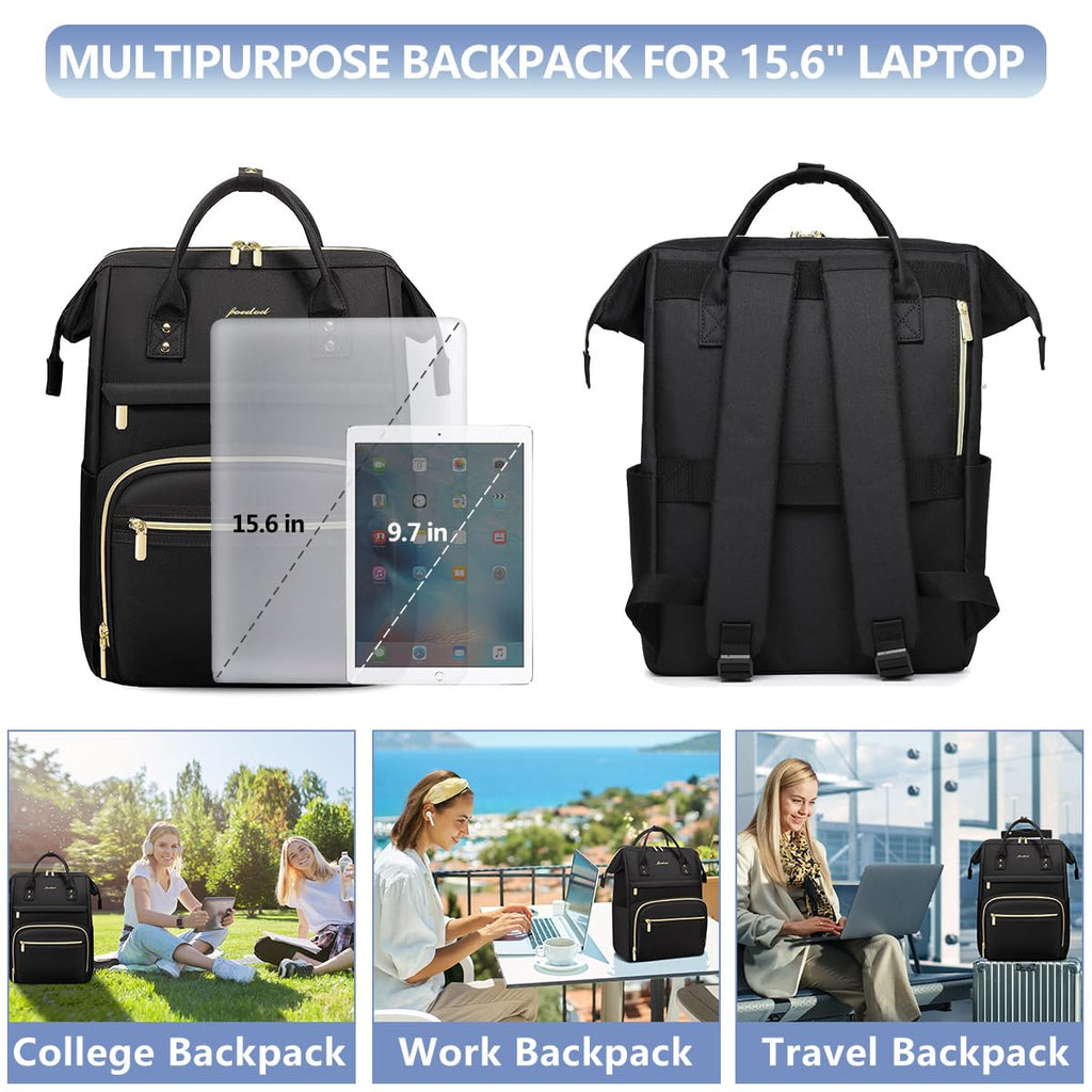 Women Laptop Backpack Work Bag - Fits 15.6 inch with Laptop Compartment Waterproof Professional Fashion Travel Purse for College Nurse Business Computer Backpack Black