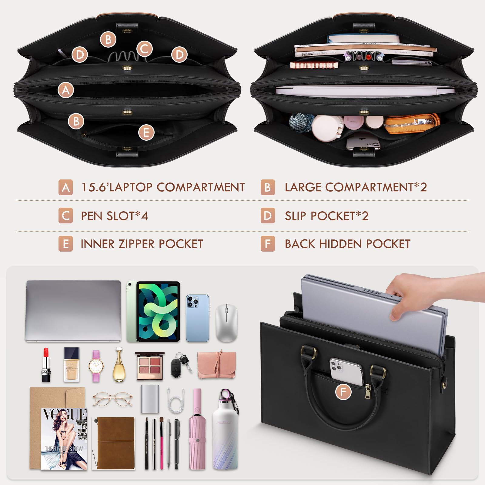 RAINSMORE Elegant Laptop Tote Bag Women 15.6 Inch PU Vegan Leather Computer Work Shoulder Bag Waterproof Briefcase For Business Casual Office Nurse Crossbody Bag With Bow Black & White & Brown