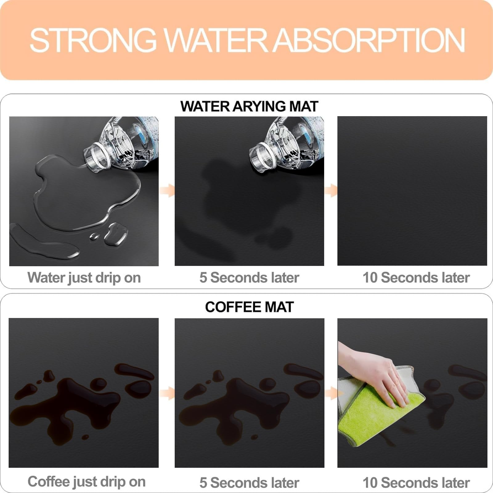 Coffee Mat-Coffee Bar Mat for Countertops, Hide Stain Absorbent Rubber Backed Quick Drying Mat Fit Under Coffee Maker Espresso Machine (Black, 16"x24")