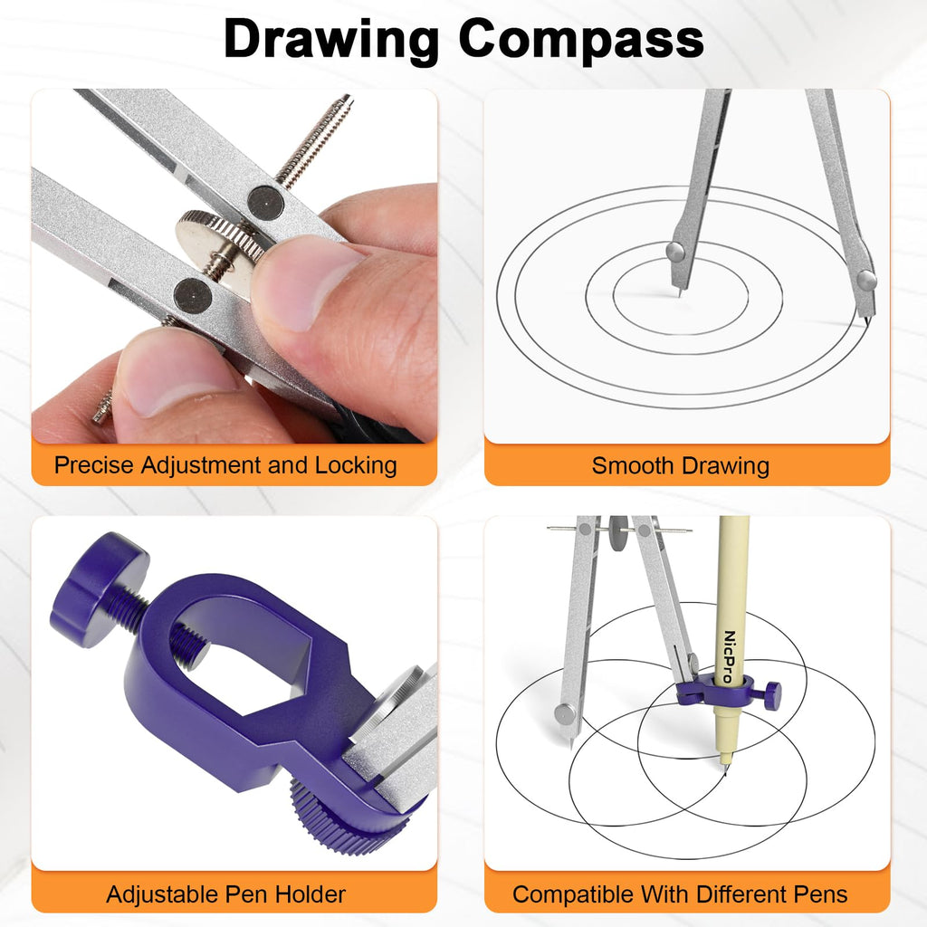 Nicpro 20PCS Professional Geometry Set with Case, Drafting Tools with Protractor and Compass, Metal Rulers, Triangles, Pens, Pencils, Drawing Supplies, Drafting Kit for Architect Engineer Students