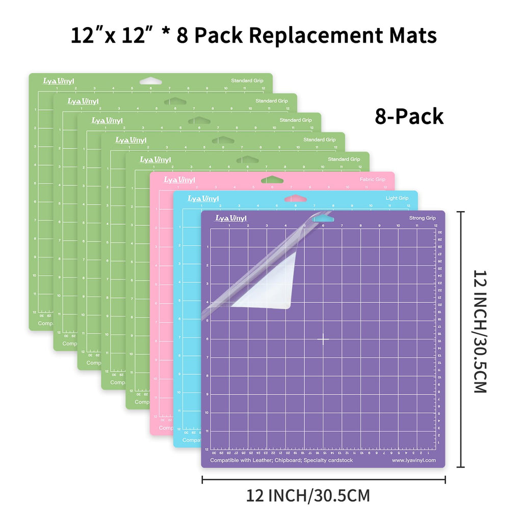 Lya Vinyl Cutting Mats - 8 Pack Variety Mats 12x12 INCH, Mats for Permanent Vinyl (StandardGrip, LightGrip, StrongGrip, FabricGrip) for Cricut Explore Air Series & Accessories