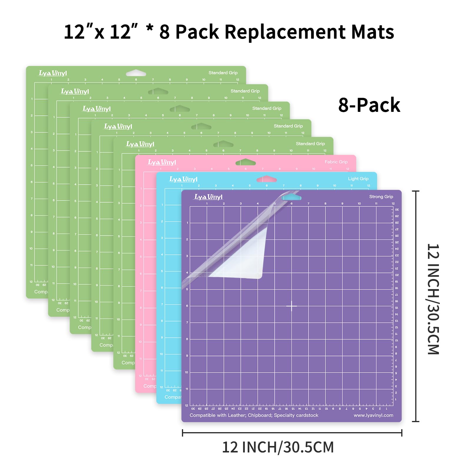 Lya Vinyl Cutting Mats - 8 Pack Variety Mats 12x12 INCH, Mats for Permanent Vinyl (StandardGrip, LightGrip, StrongGrip, FabricGrip) for Cricut Explore Air Series & Accessories