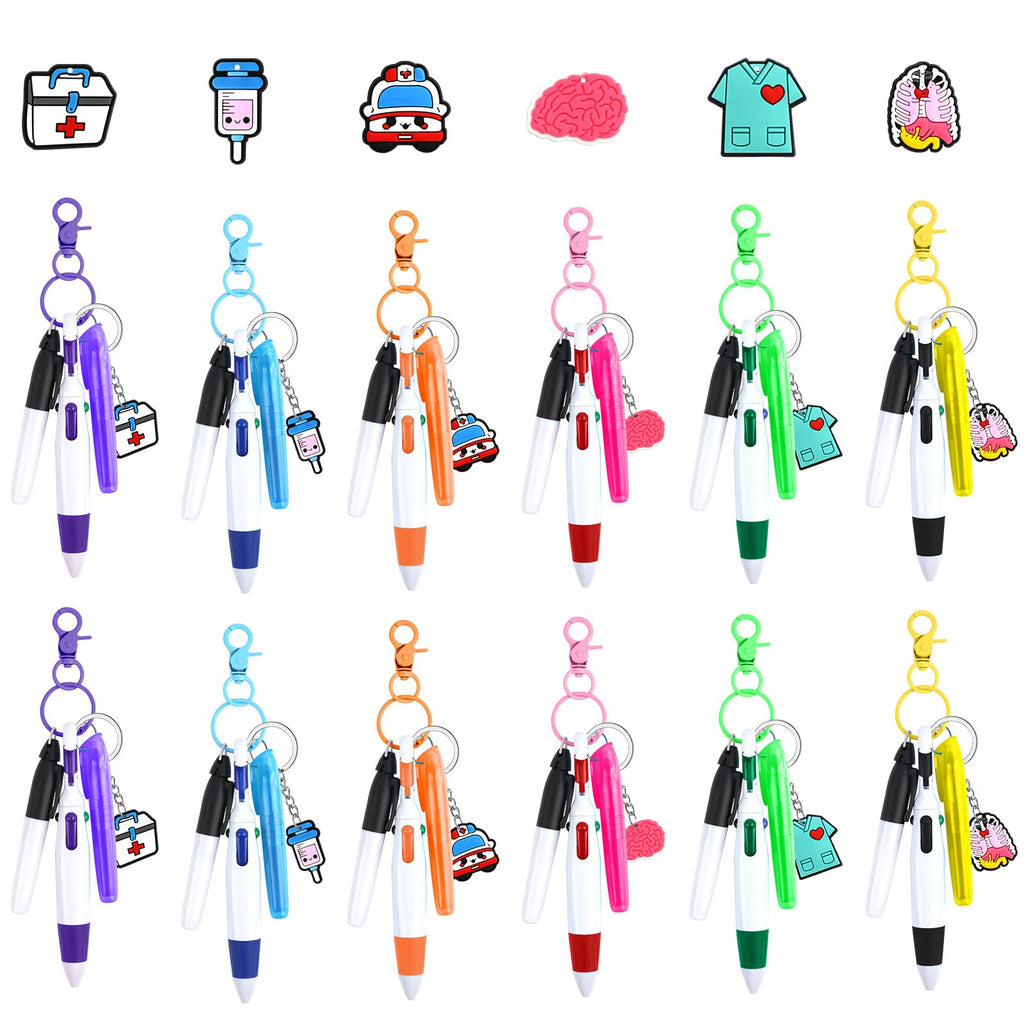 Supkiir 60 Pcs Mini Nurse Pen Kit, Mini Highlighter Nurse Pens, Nurse Accessories Set Including 12 Badge Reel Pens, 12 Permanent Marker Pen, 12 Tip Highlighter with 12 Nursing Keychain Clip