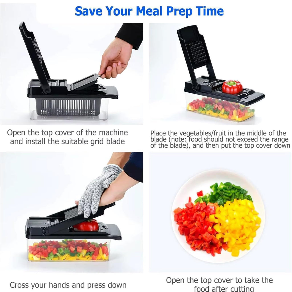 Vegetable Chopper Cutter Mandoline Slicer Cheese Grater - Food Onion Salad Veggie Chopper with Container, French Fry Potato Dicer Slicer and Cutter - Kitchen Tools Gadgets (8-in-1 Black)