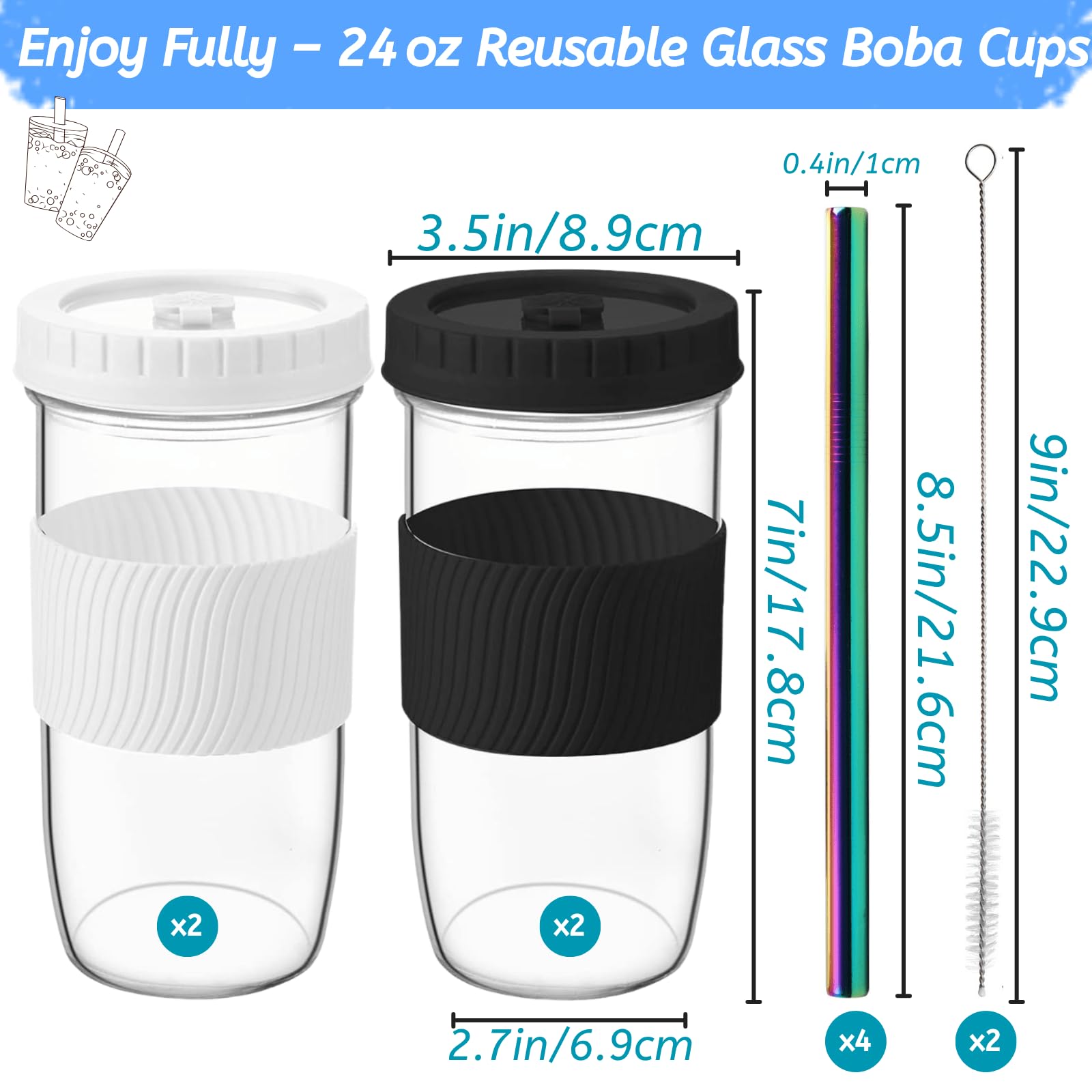 YOUEON 4 Pack 24 Oz Reusable Boba Cups with Lids and Straw, Iced Coffee Cups Glass Smoothie Cups, Mason Jar Cups with Sleeve, BPA Free, Dishwasher Safe, 2 Colors