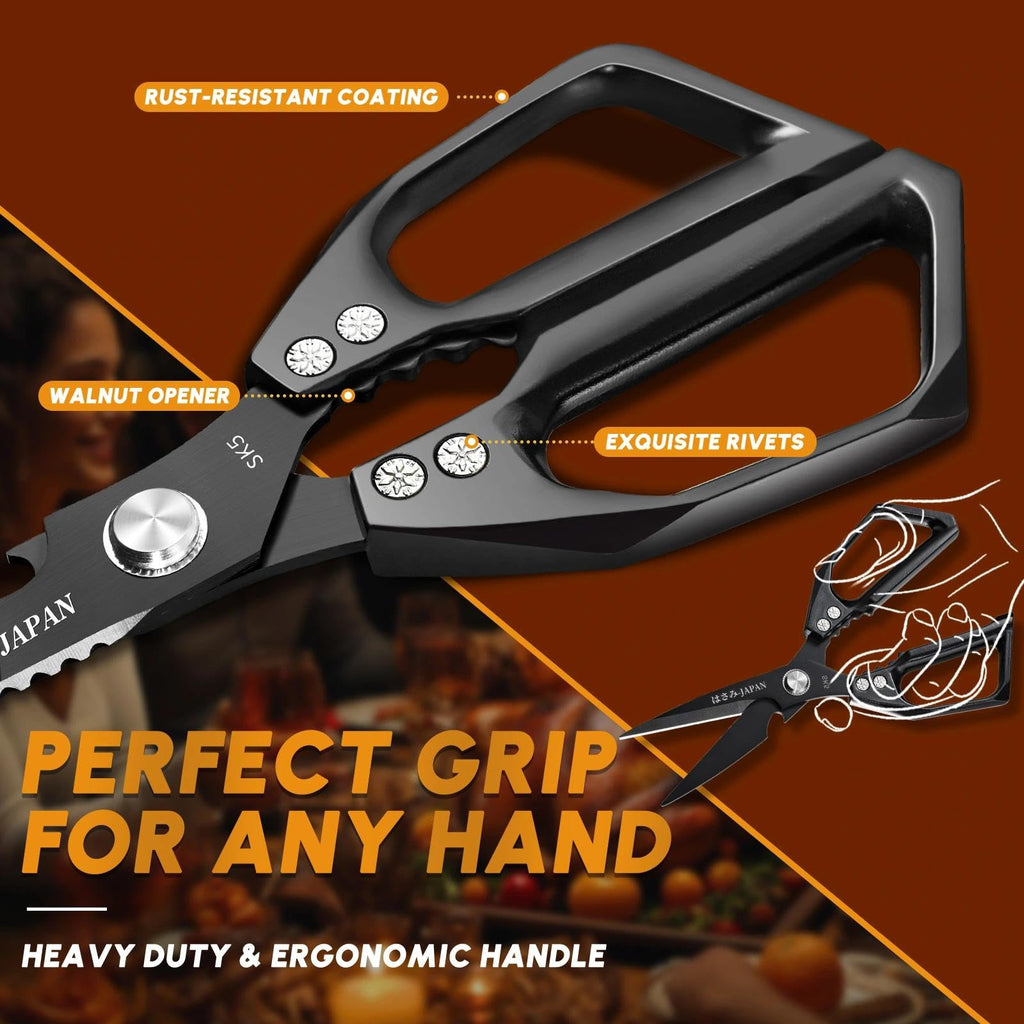 Dream Reach Kitchen Scissors Set Black - Upgraded Stainless Steel Kitchen Shear, Sharp Meat Scissors, Heavy Duty Poultry Shears, Japanese Cooking Scissor for Food, Chicken Bones, and Turkey,