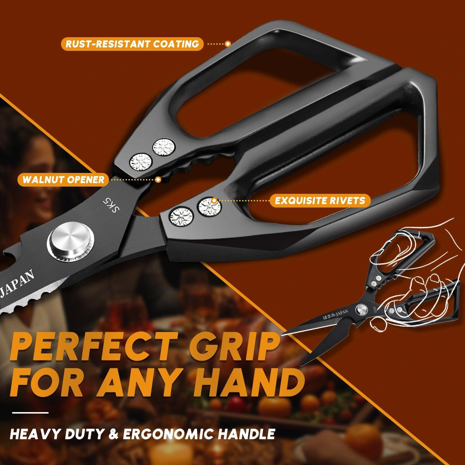 Dream Reach Kitchen Scissors Set Black - Upgraded Stainless Steel Kitchen Shear, Sharp Meat Scissors, Heavy Duty Poultry Shears, Japanese Cooking Scissor for Food, Chicken Bones, and Turkey,