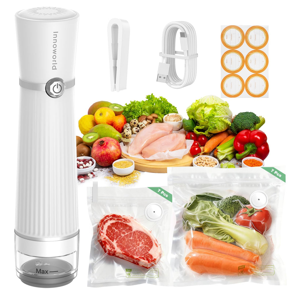 Innoworld Vacuum Sealer for Food with Visible Water Tank, Handheld Saver Compact Vacuum Sealer Machine with 14 Reusable Vacuum Bags, 6X Preservation & Fresh, Includes Gift Wrapping