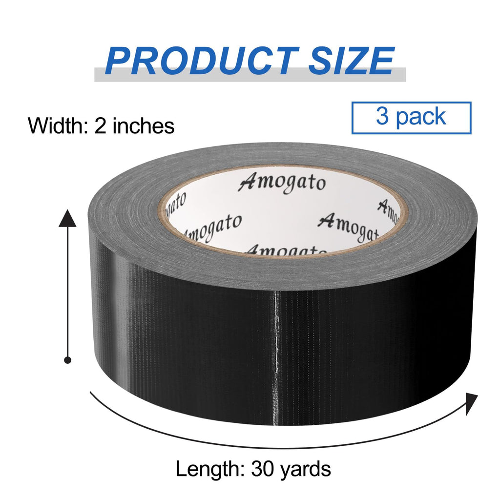 AMOGATO 3 Roll Heavy Duty Black Duct Tape-Professional Grade Outdoor Waterproof Duct Tape,Tear by Hand Design for Self-Healing, Industrial, Professional Use,30 Yards x 2 Inch