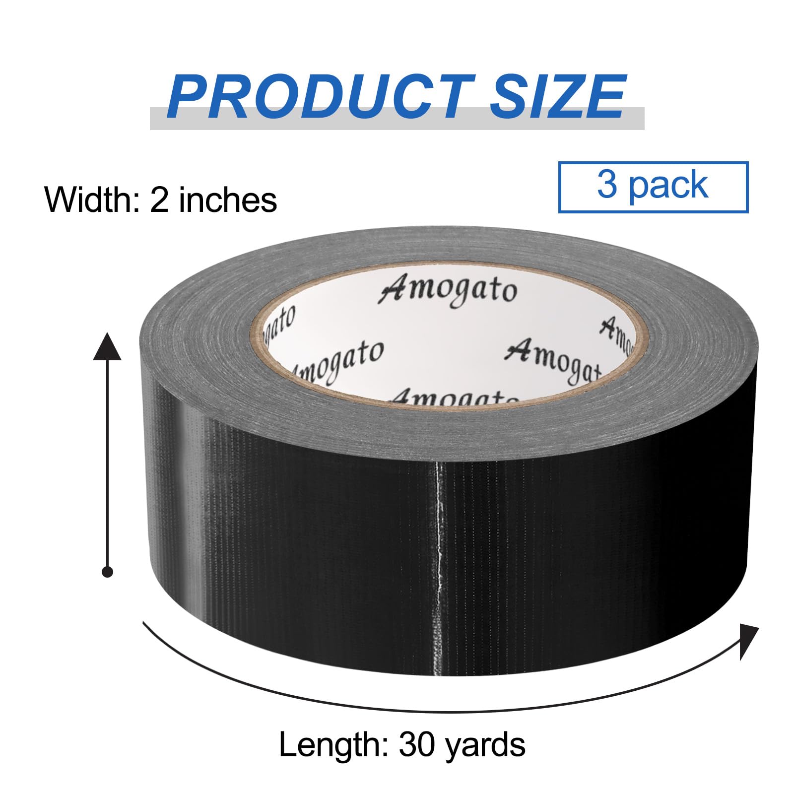 AMOGATO 3 Roll Heavy Duty Black Duct Tape-Professional Grade Outdoor Waterproof Duct Tape,Tear by Hand Design for Self-Healing, Industrial, Professional Use,30 Yards x 2 Inch