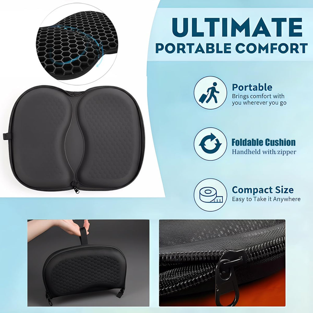 Foldable Honeycomb Seat Cushion with Zipper & Handle, Portable Gel Seat Cushion with Ventilative Cover & Anti-Skid Bottom, Portable Butt Pillow for Chairs 15.8x13.3x1.4 Inches (Black)