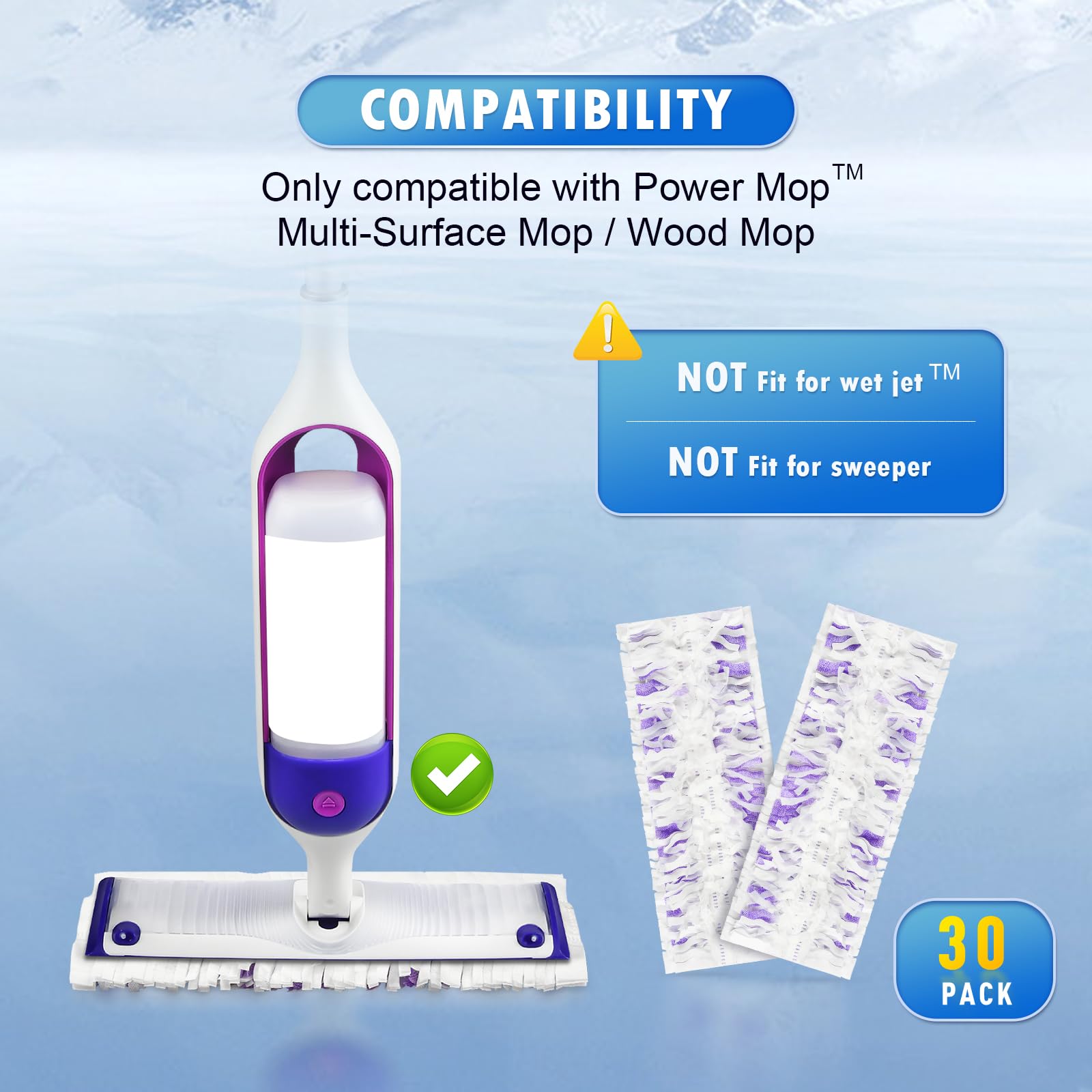 Bisenkud 30 Count Disposable Powermop™ Refills for Swiffer® Power Mop™ Pads, Unscented Spray Cleaning Repalcement Mopping Pads