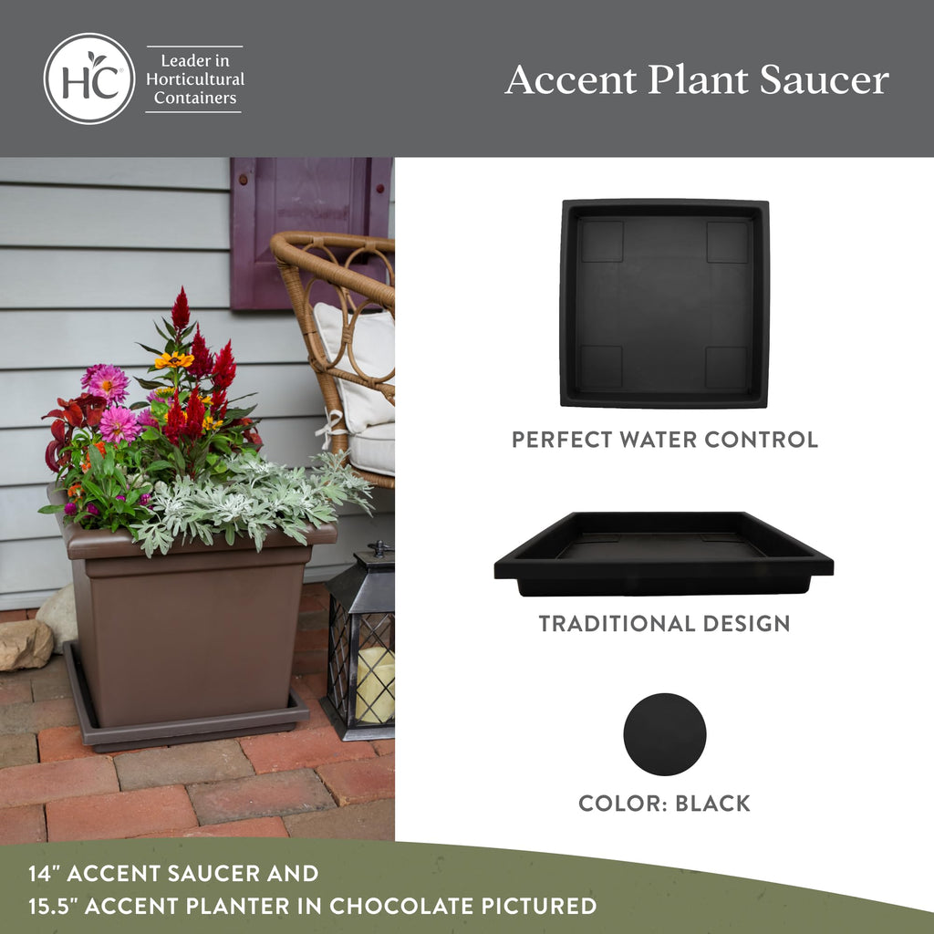 The HC Companies Accent Square Plant Saucer - Durable Plastic Trays For Plants - Stylish Square Tray For Water Drainage - UV Resistant Planter Saucer For Indoor And Outdoor Use (11”, Black, Pack of 2)