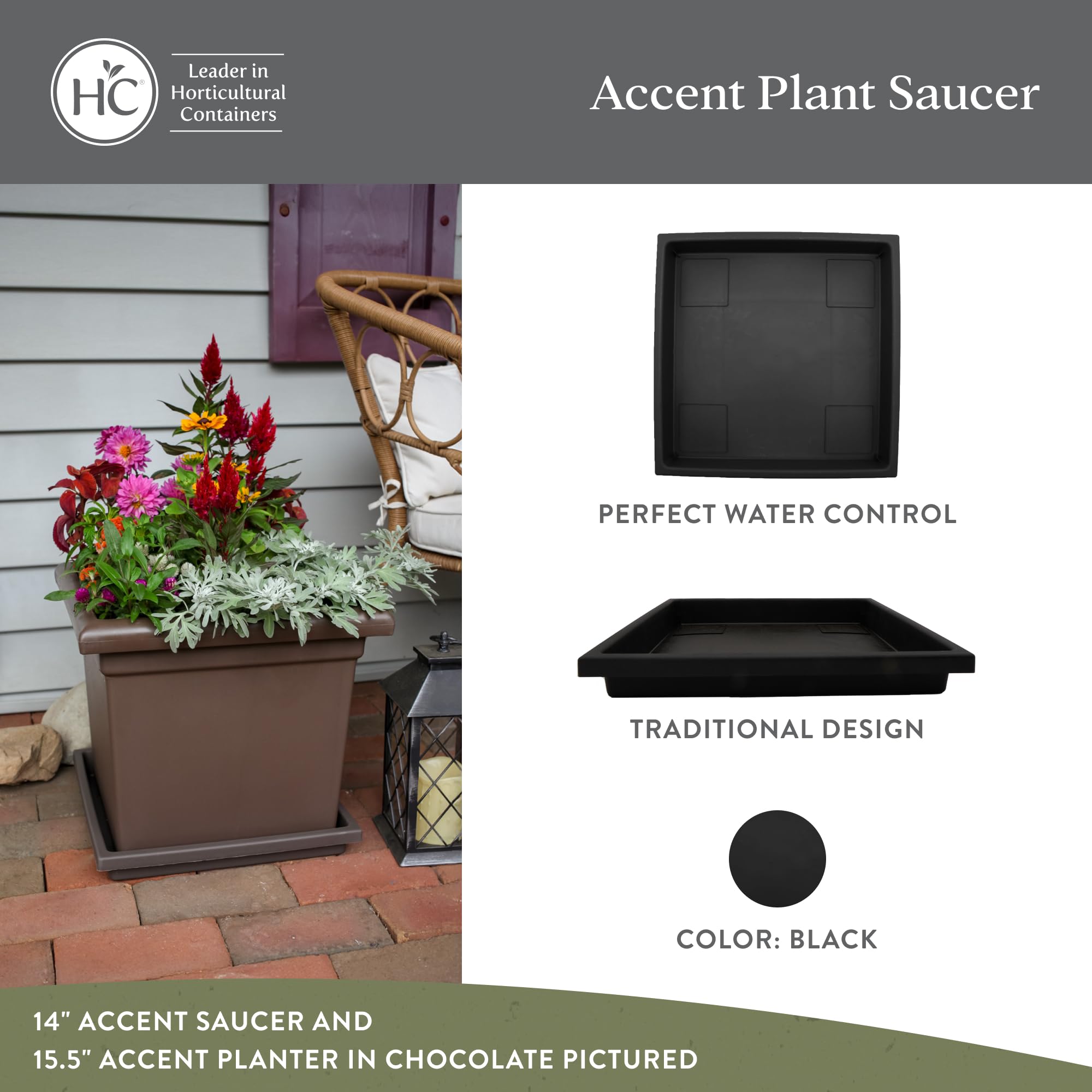 The HC Companies Accent Square Plant Saucer - Durable Plastic Trays For Plants - Stylish Square Tray For Water Drainage - UV Resistant Planter Saucer For Indoor And Outdoor Use (11”, Black, Pack of 2)