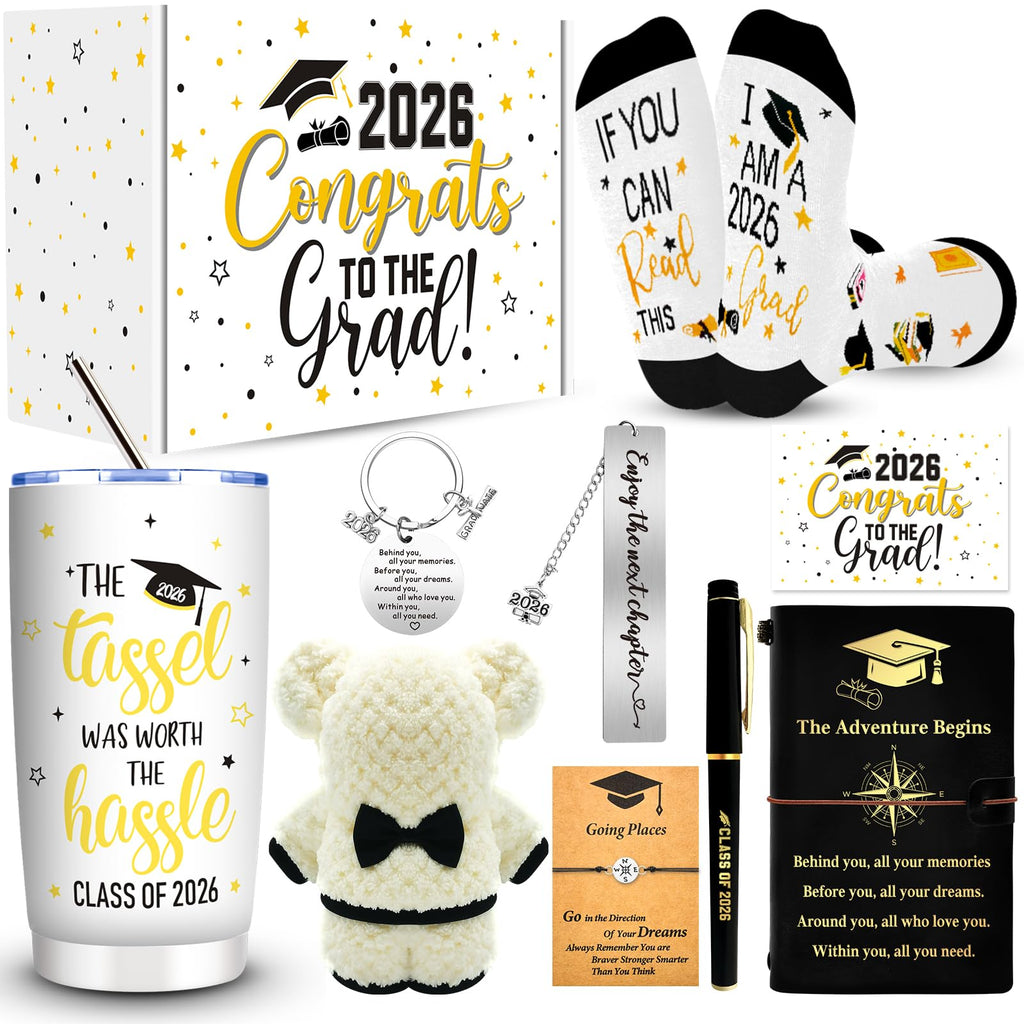 10 Pieces 2026 Graduation Gift Box Set, Class of 2026 Graduation Gift Basket with 20 Oz Tumbler, Socks, Bear Towel, Journal Notebook, Pen, Bookmark, Bracelet for High School College Gifts