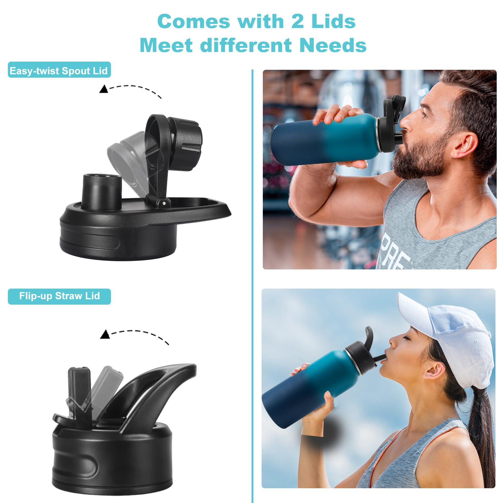 Insulated Water Bottle, 32oz Vacuum Stainless Steel Metal Sports Water Bottles with Stickers, Straw & Spout Lid (2 Lids), Double Walled to Keeps Hot and Cold, Leak Proof, BPA-Free, 32oz (Green Blue)