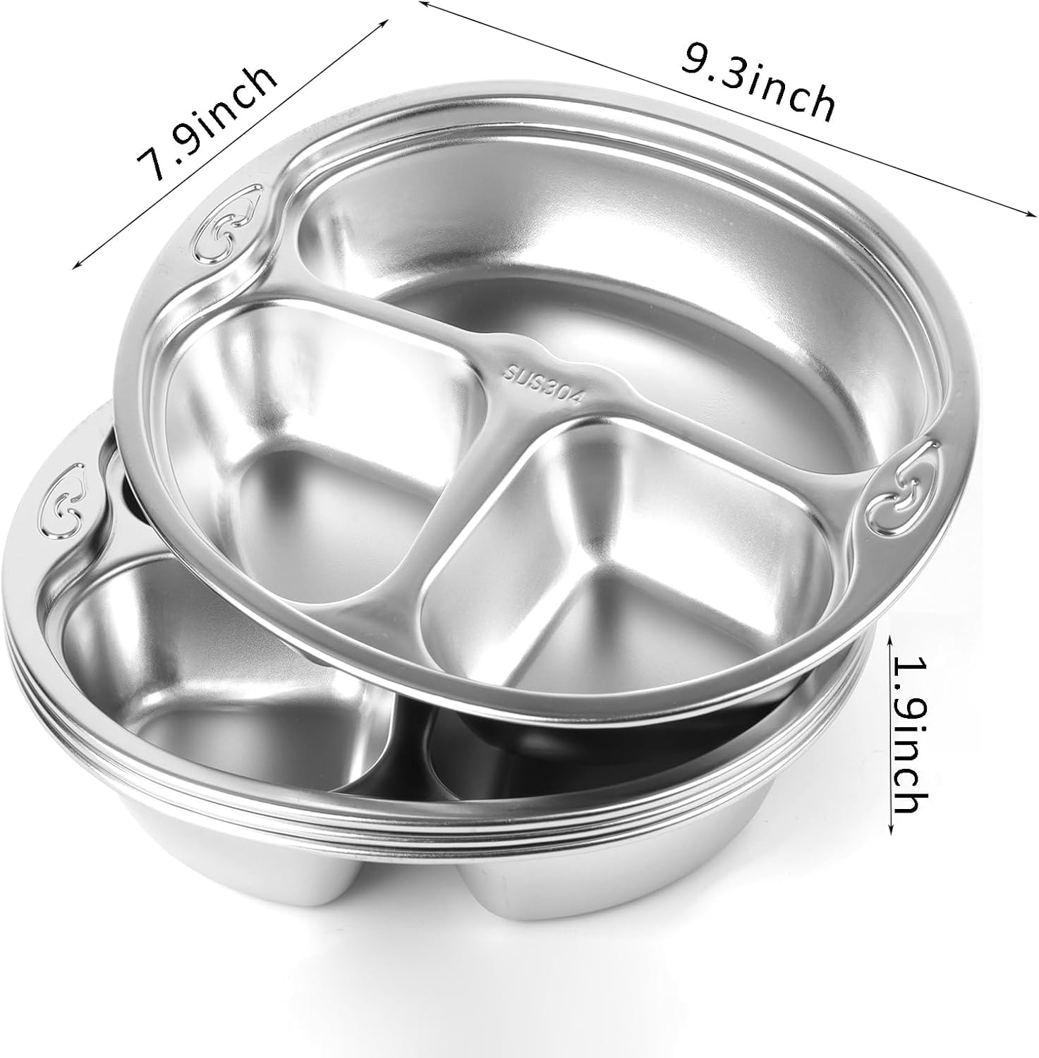 SOUJOY 4 Pack Stainless Steel Divided Plate, 3 Sections Diet Control Dinner Plate, Unbreakable Monkey Shape Compact Food Serving Tray for Kids, Picky Eaters, Campers