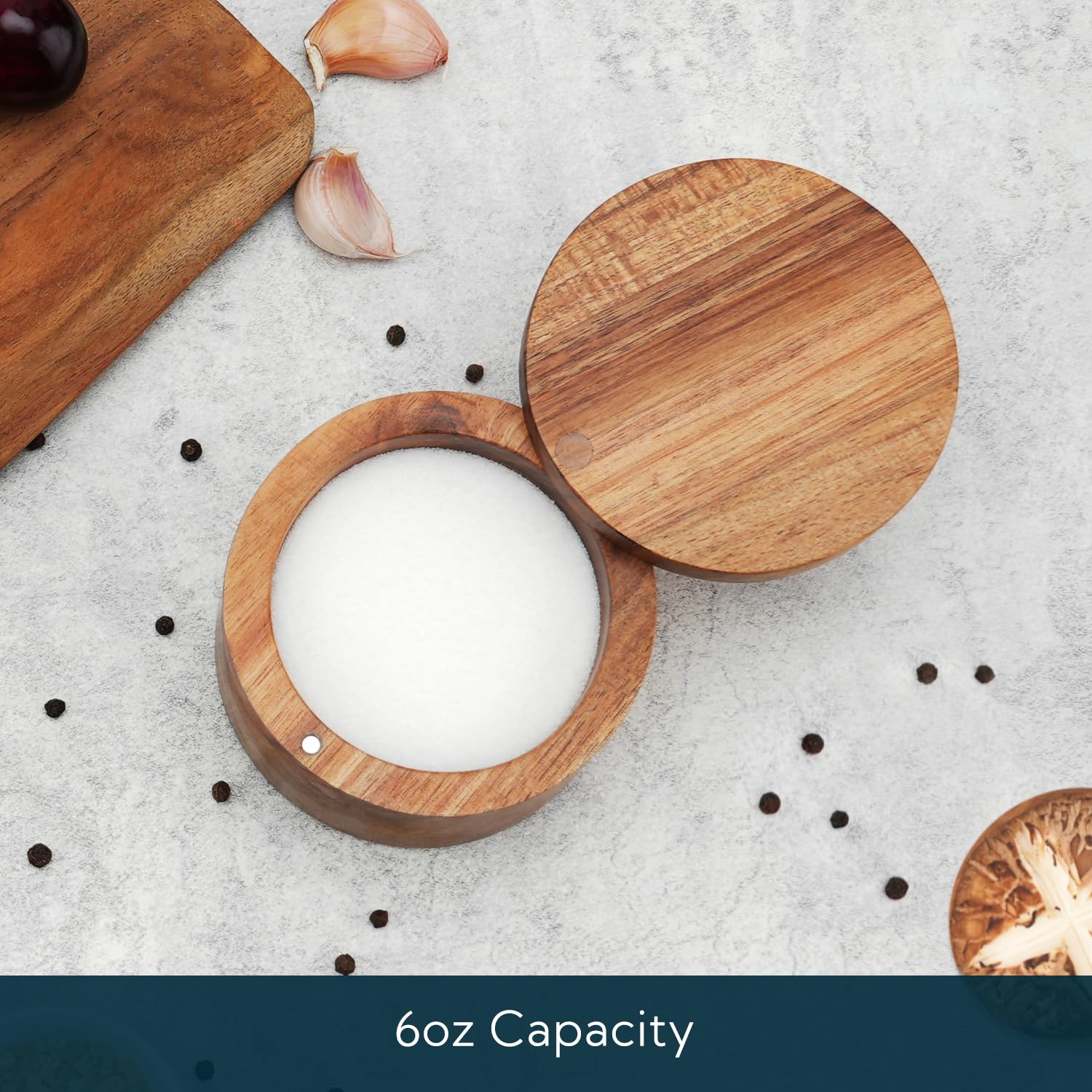 Pochita Global Acacia Wood Salt Cellar Bowl Box with Swivel Magnetic Lid to Avoid Dust, Elegant Kitchen Salt Container Holder with to Storage Pepper Spice Bath Salt Sea Salt, 6OZ（No Spoon）