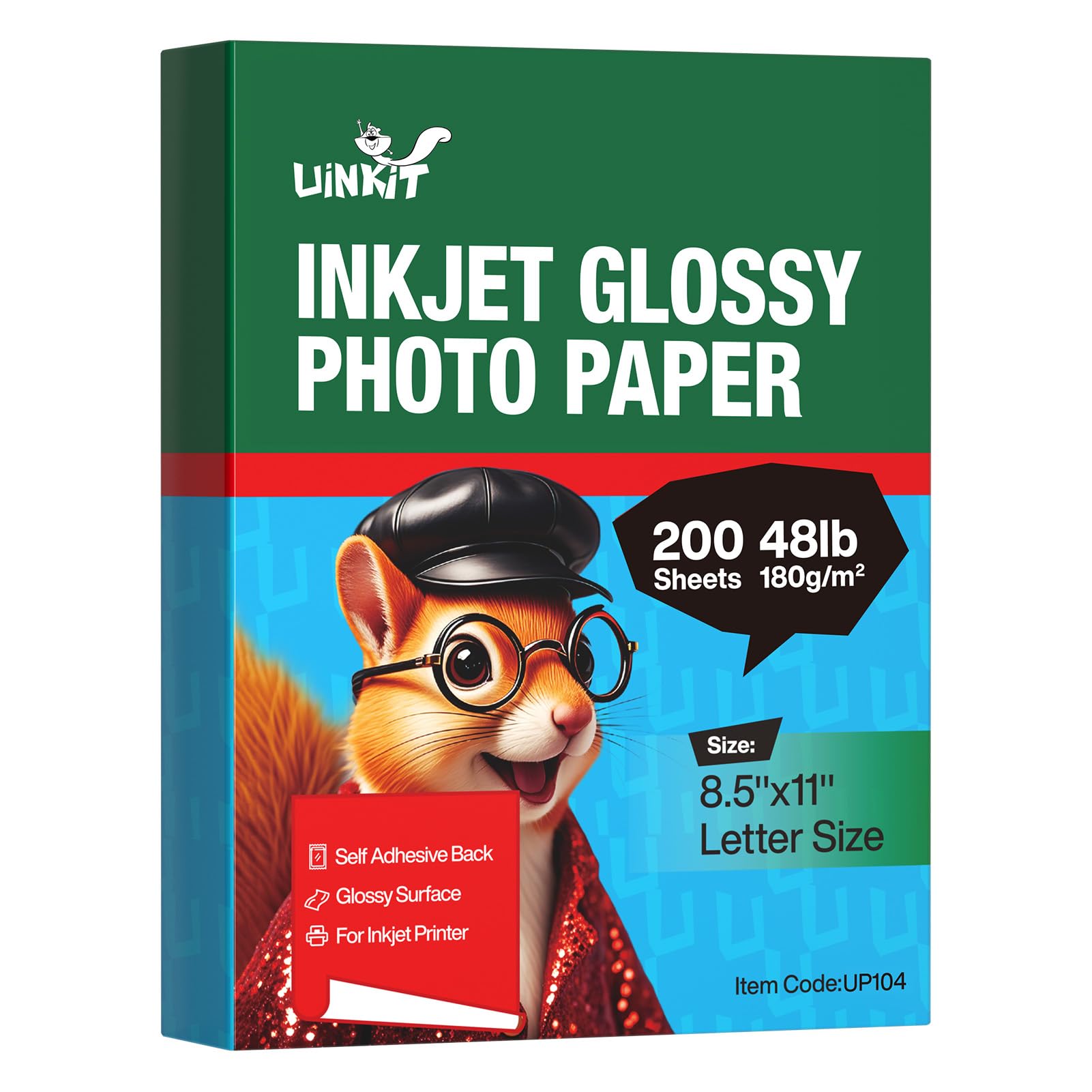 Uinkit Glossy Inkjet Photo Paper 8.5x11 Inches 200 Sheets 48lb Dye Ink 180Gsm Professional Photographic Paper Letter Size 8.5mil Instant Dry Suitable for All Dye Ink Printers (8.5"x11"x200Sheets)