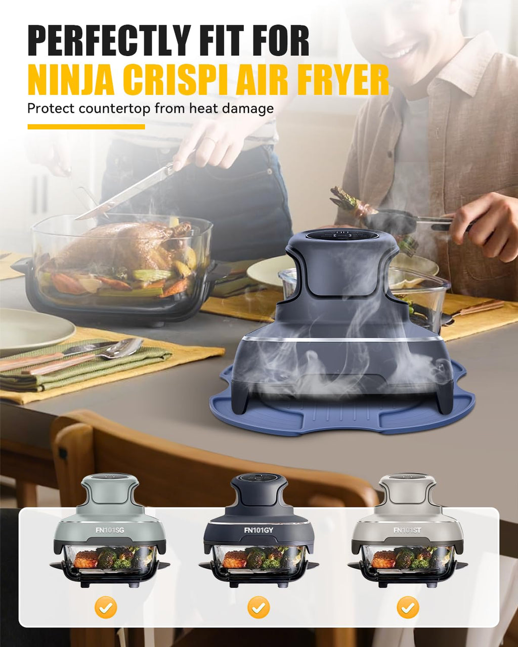 Silicone Heat-Resistant Mats for Ninja Crispi Glass Air Fryer FN101GY/FN101CGY | Reusable Silicone Trivet Fireproof Heat Resistance Hot Pads | Anti-Slip Kitchen Countertop Protector | Blue