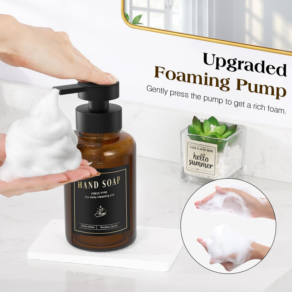 Luxspire Foaming Soap Dispenser, Glass Foam Pump Soap Dispenser, Non-Slip Hand Soap Dispenser with 5 Waterproof Labels, 15 Oz Refillable Liquid Soap Dispenser for Bathroom & Kitchen, Amber, 2 Pack