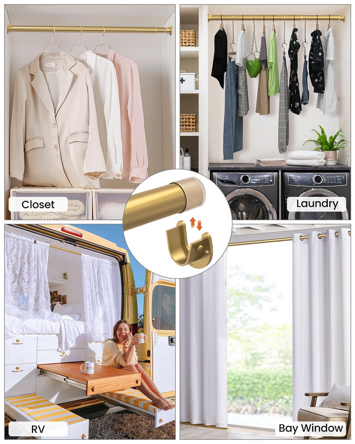Closet Rods for Hanging Clothes, 17-54 inches Stepless Adjustable Metal Closet Rod, 1.3 Inches Heavy Duty Clothes Hanging Rod for Closet Wardrobes Laundry RV, Golden