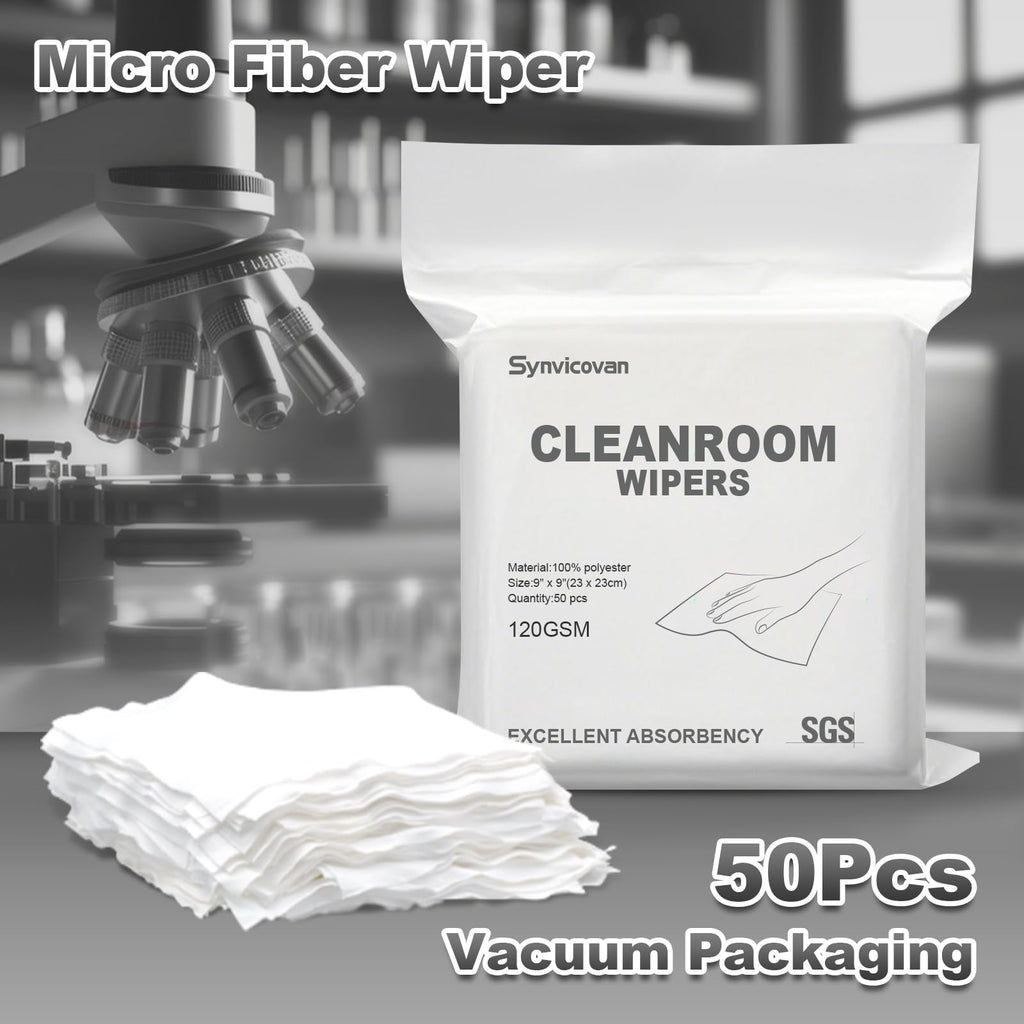 Synvicovan Cleanroom Wipers 9"x9"(50 Pcs, 100% Polyester, Class 100, 120GSM) Double Knit 100% Lint Free Cloths with Ultra-fine Filaments, Laser Sealed Edge Ultra-Soft Wipers