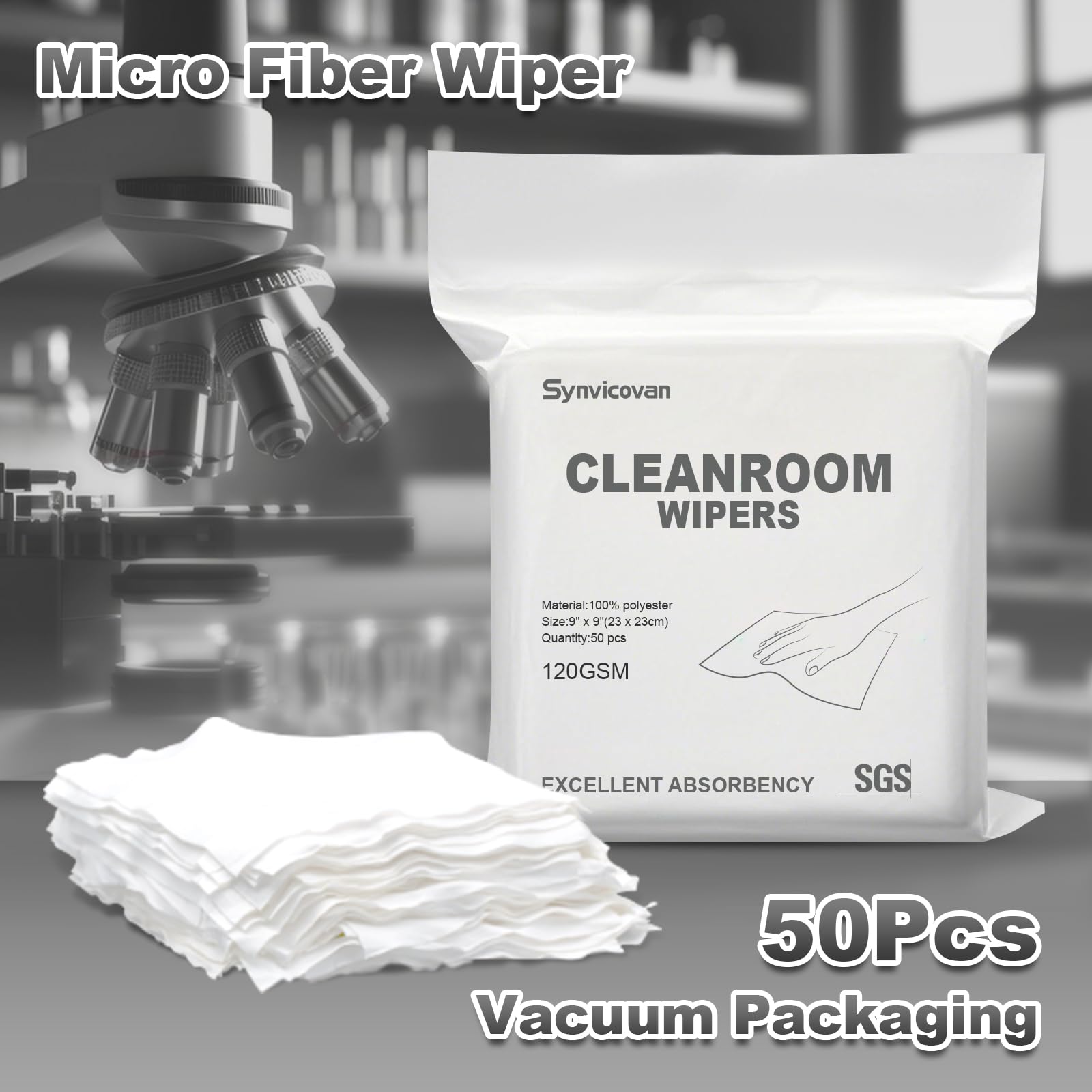 Synvicovan Cleanroom Wipers 9"x9"(50 Pcs, 100% Polyester, Class 100, 120GSM) Double Knit 100% Lint Free Cloths with Ultra-fine Filaments, Laser Sealed Edge Ultra-Soft Wipers