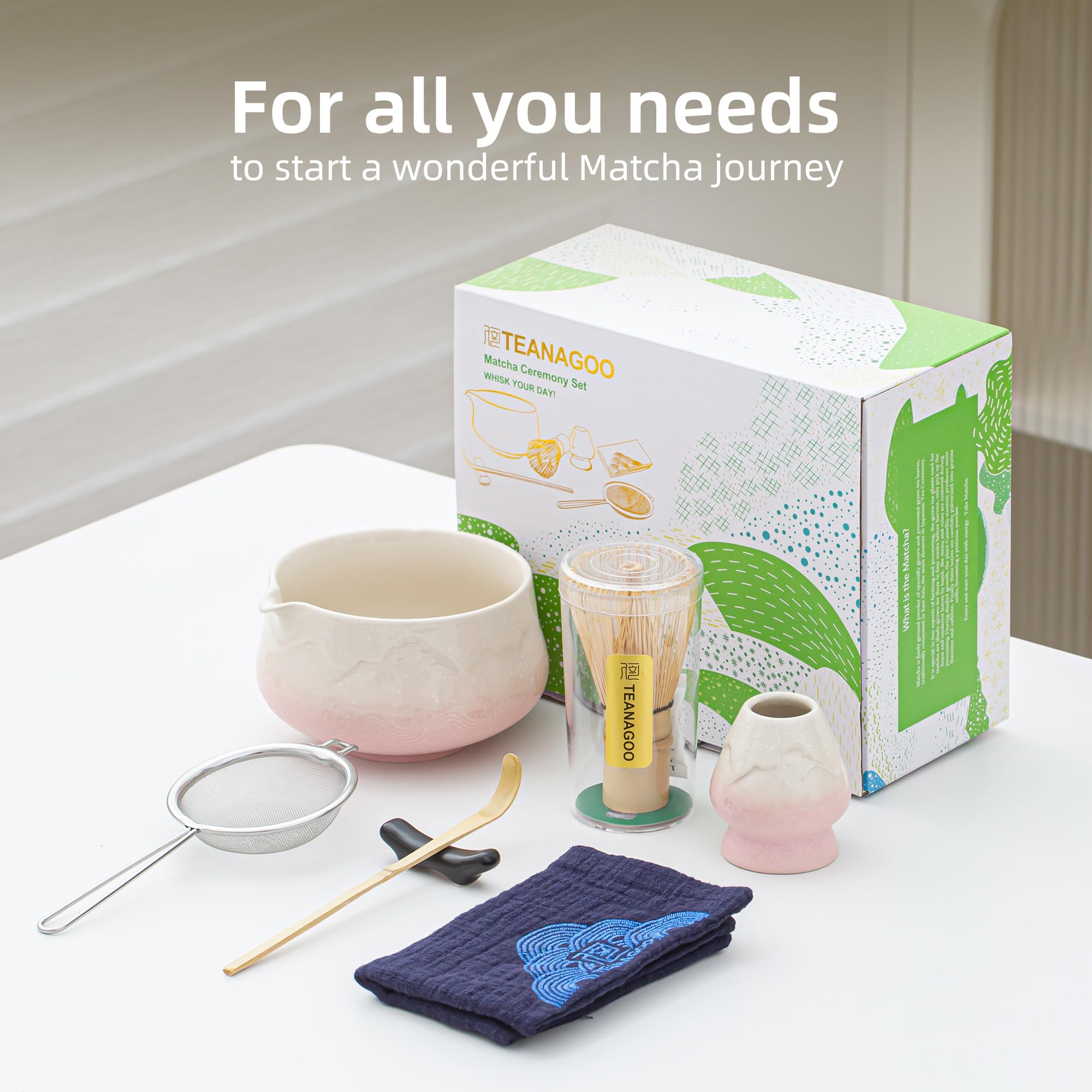 TEANAGOO Matcha Set Pink, 7 Pcs Matcha Whisk Set, Matcha Kit for Ceremony, Tradition Tea Set for Making Breakfast/Latte, Matcha Whisk Set with Bowl(Chawan)/Whisk and Holder, Gift for Family/Friend