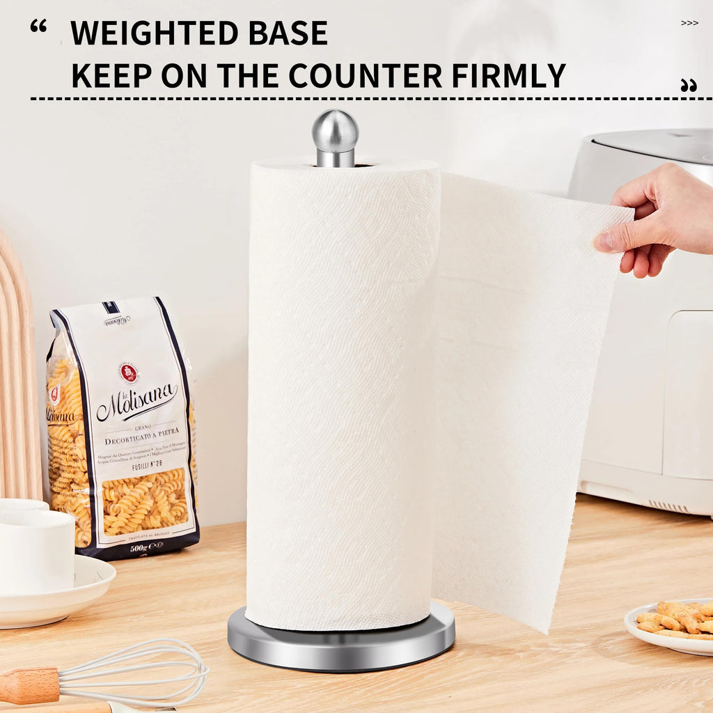 Paper Towel Holder Countertop, Paper Towel Holder with Solid Weighted Base, for Standard and Large Size Rolls (Silver)