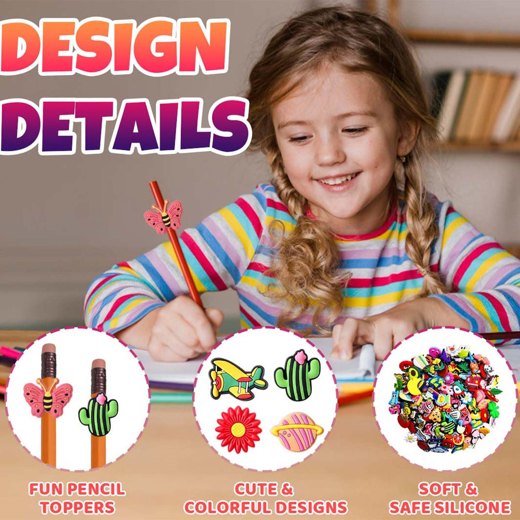 100Pcs Pencil Charms, Pencil Topper Decoration, Cute PVC Different Charms Clips Designs, Cute School Supplies Classroom Rewards and Prizes