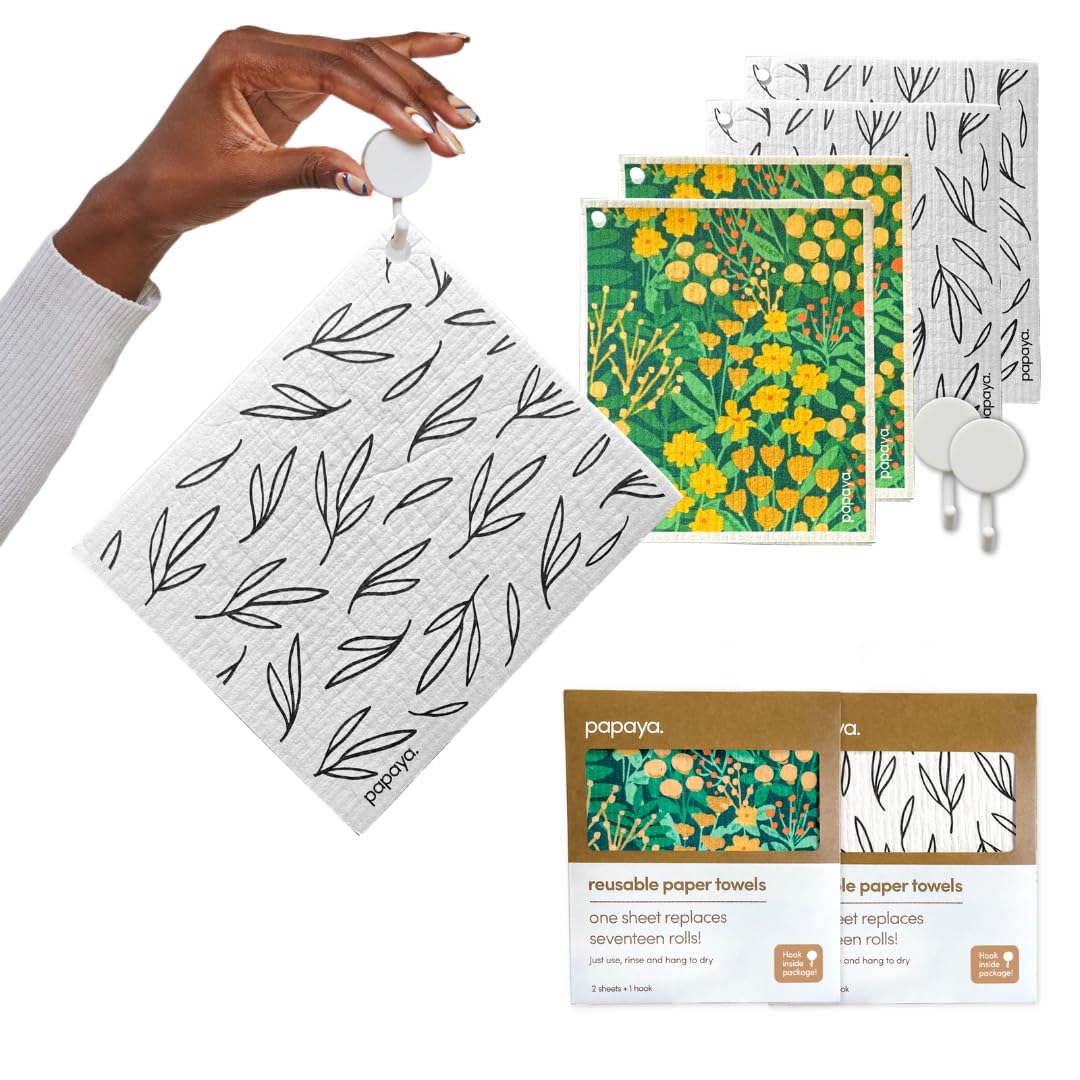 Papaya Reusable Paper Towels 4-Pack - 4 Sheets + 2 Hooks, 1 Sheet Replaces 17 Rolls, Quick Drying, No Odor, Washable Kitchen Cloth, Sustainable Dish Sponge, Eco Friendly Gift (The Wanderer)