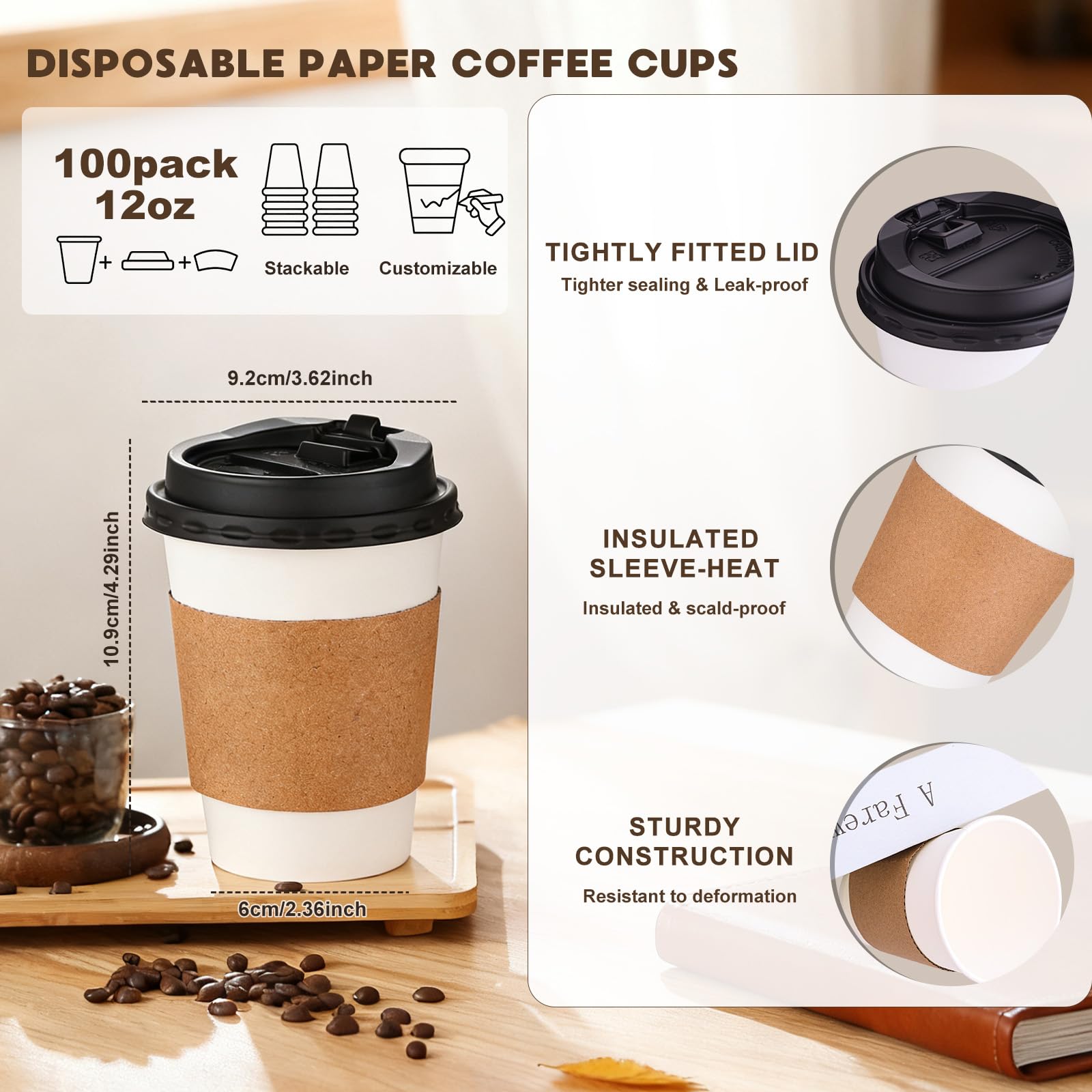 100 Pack 12oz Disposable Paper Coffee Cups with Lids & Sleeves, to Go Hot Coffee Cups for Tea Cocoa Chocolate Juice, Hot & Cold Drinking Paper Cup Bulk for Cafes Home Office Travels Parties