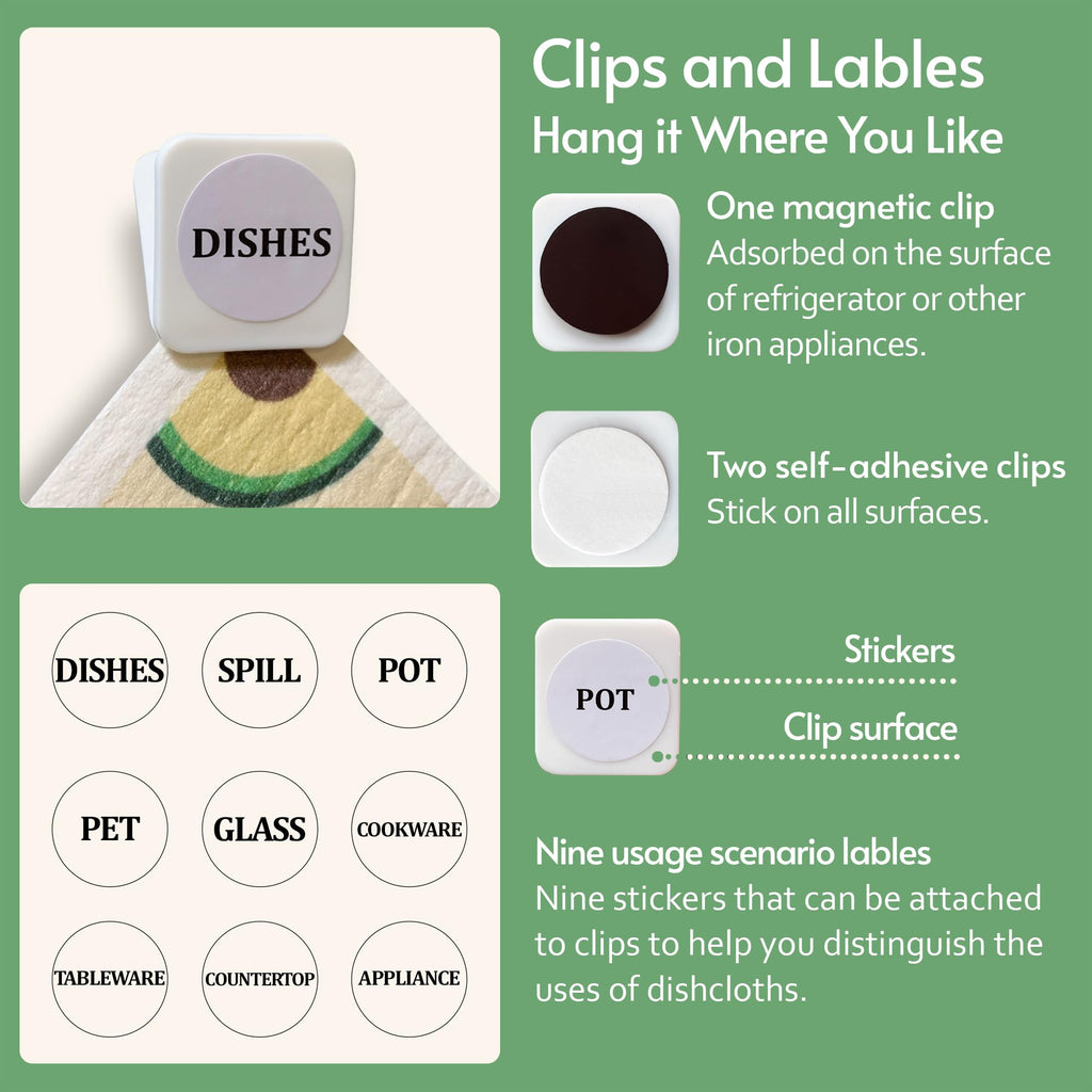 Eulnars Swedish Dish Cloth, 8-Pack Reusable Paper Towels, Swedish Dish Cloth with 3 Clips, 9 Classified Labels, Quick Drying Washable Dish Cloths, Super Absorbent Kitchen Towels, Odorless