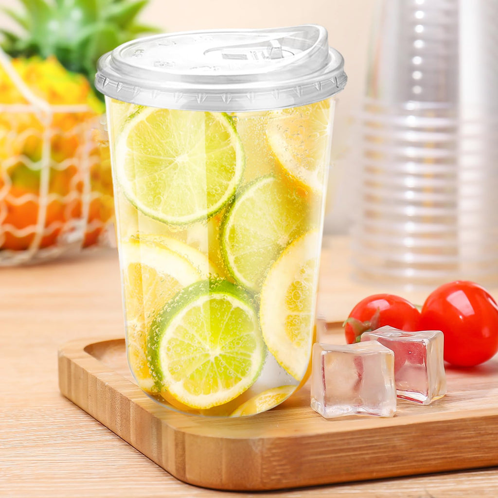 16oz Disposable Stemless Glasses With Strawless Sip Lids,PET Disposable Drinking Cups,Clear Plastic Wine Glasses for Parties Birthday,Wedding,Meeting,Christmas Party Supplies (100, Transparent)