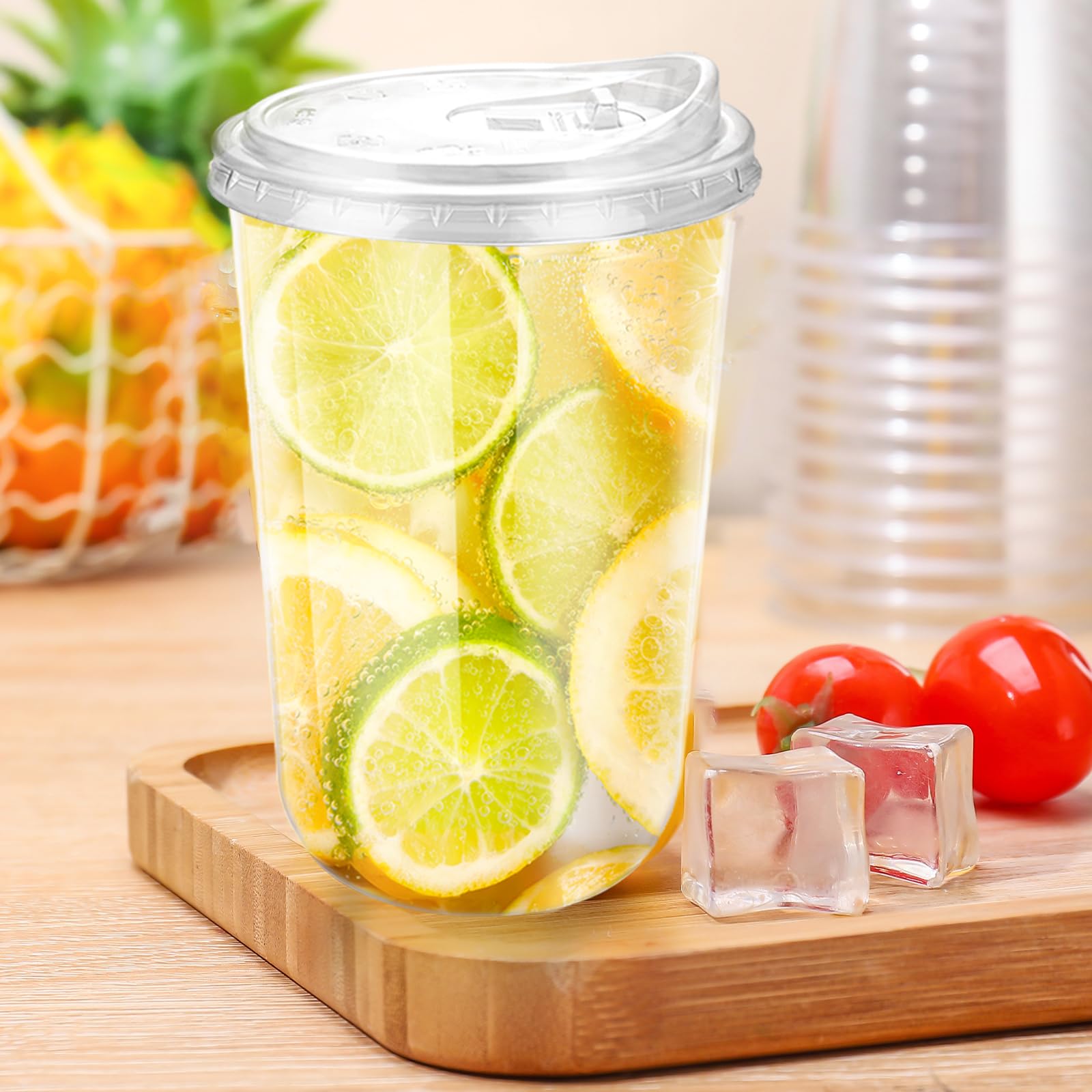 16oz Disposable Stemless Glasses With Strawless Sip Lids,PET Disposable Drinking Cups,Clear Plastic Wine Glasses for Parties Birthday,Wedding,Meeting,Christmas Party Supplies (100, Transparent)