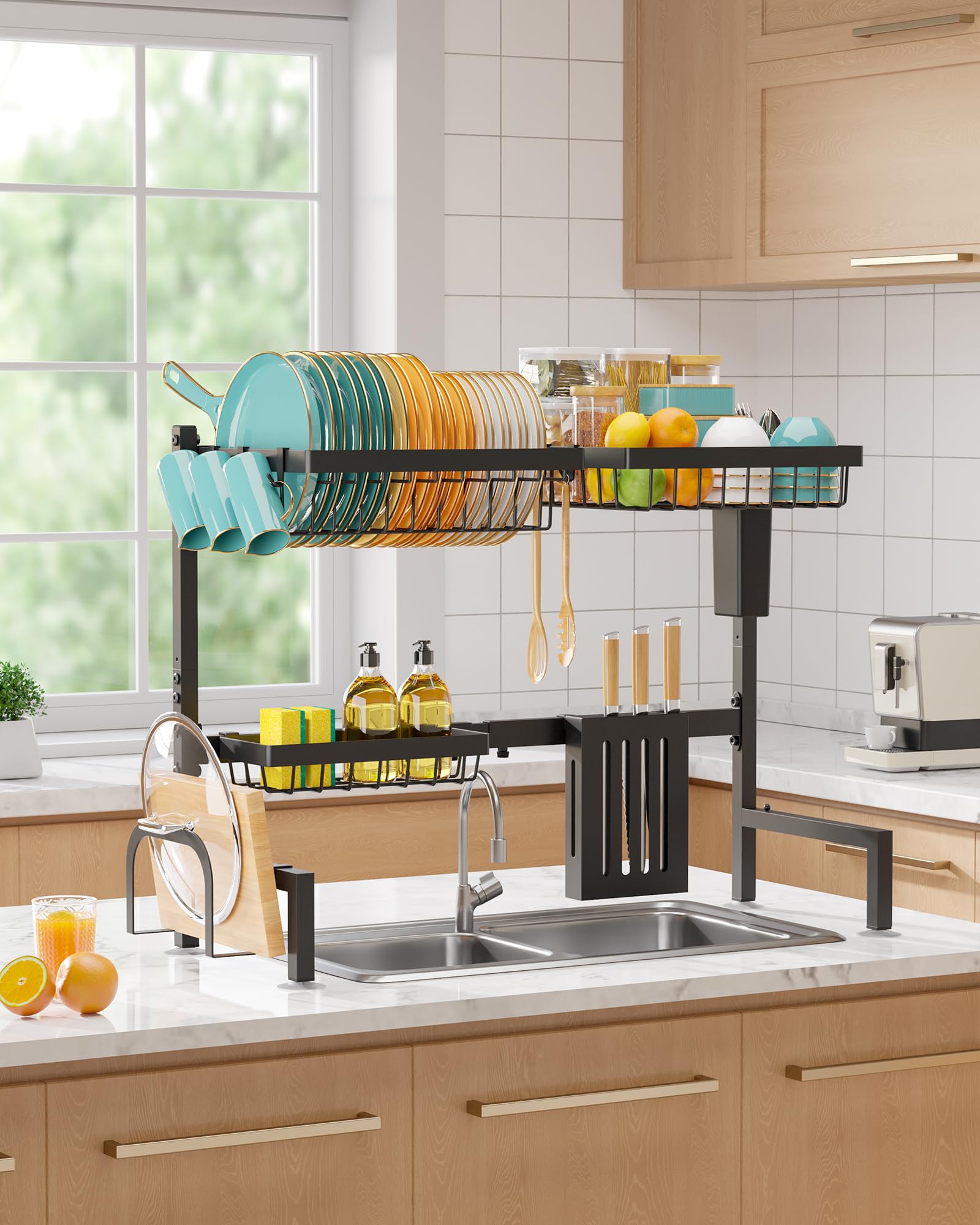 Sakugi Dish Drying Rack Over The Sink – Large Capacity Stainless Steel Dish Drainer, Multifunctional Kitchen Organizer, Black, 28 × 76–86 × 54 cm (D × W × H)