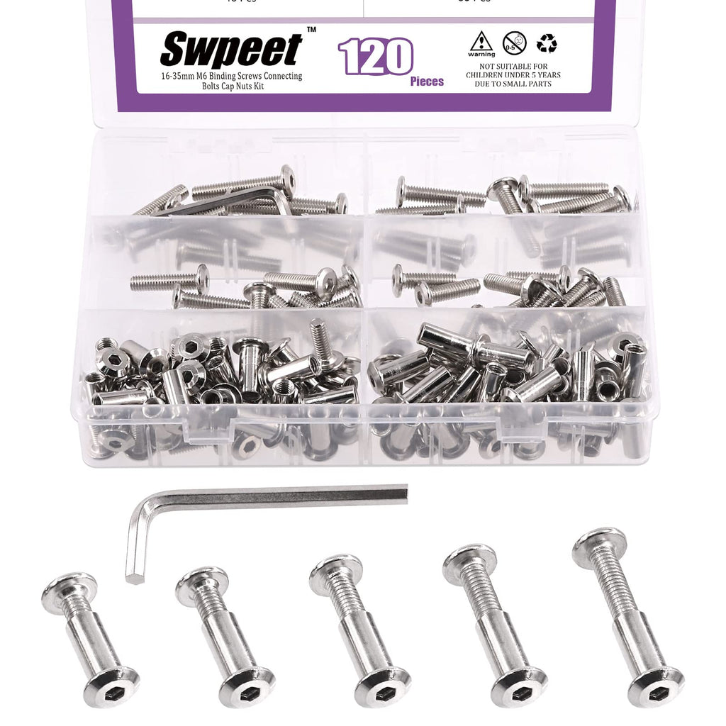 Swpeet 120Pcs M6x16mm/20mm/25mm/30mm/35mm Nickel Plated Sliver Hex Drive Socket Cap Bolts Barrel Nuts Kit with 1Pcs Allen Wrench, Screw Post Fit for Furniture Countsunk Belt Leather Binding Bolts