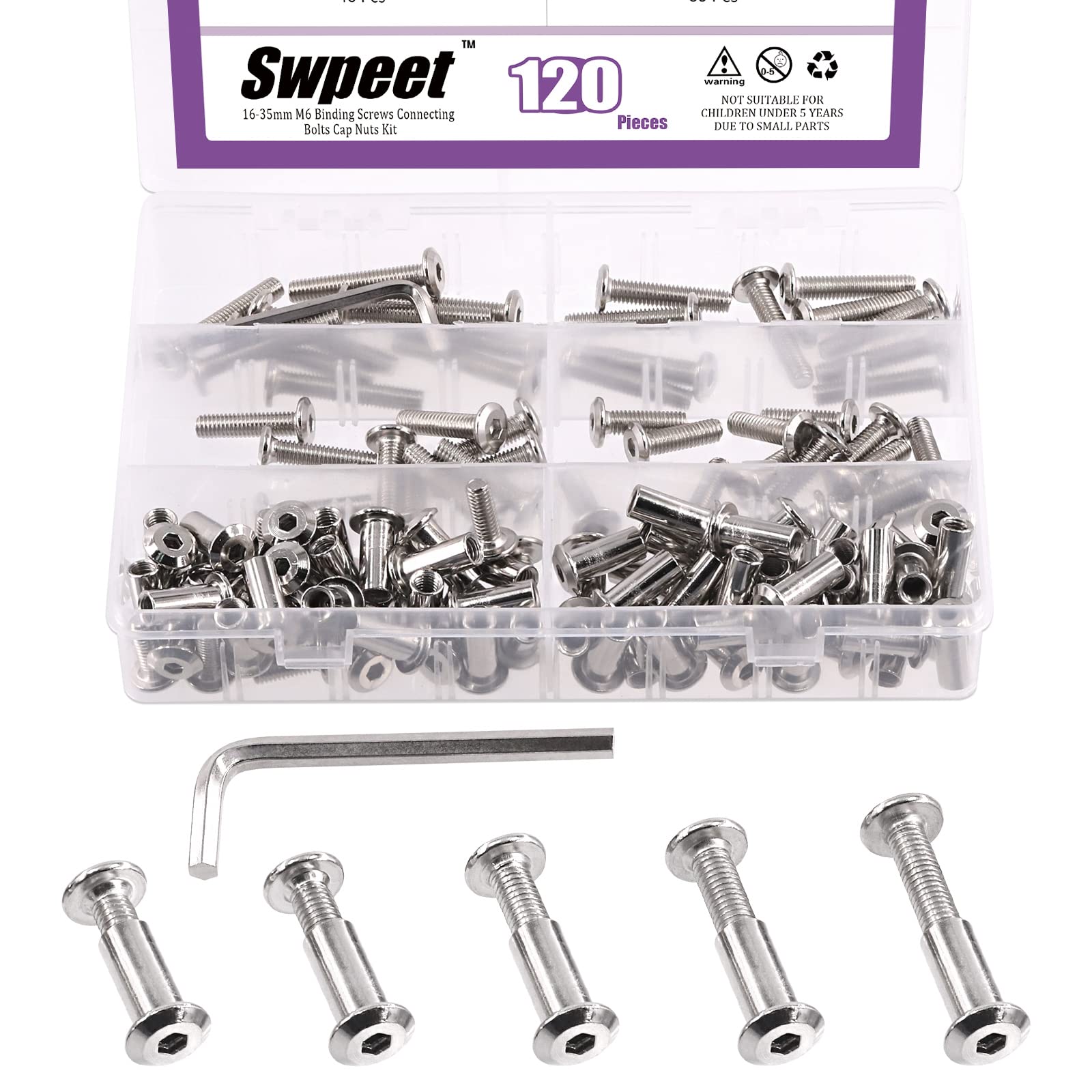 Swpeet 120Pcs M6x16mm/20mm/25mm/30mm/35mm Nickel Plated Sliver Hex Drive Socket Cap Bolts Barrel Nuts Kit with 1Pcs Allen Wrench, Screw Post Fit for Furniture Countsunk Belt Leather Binding Bolts