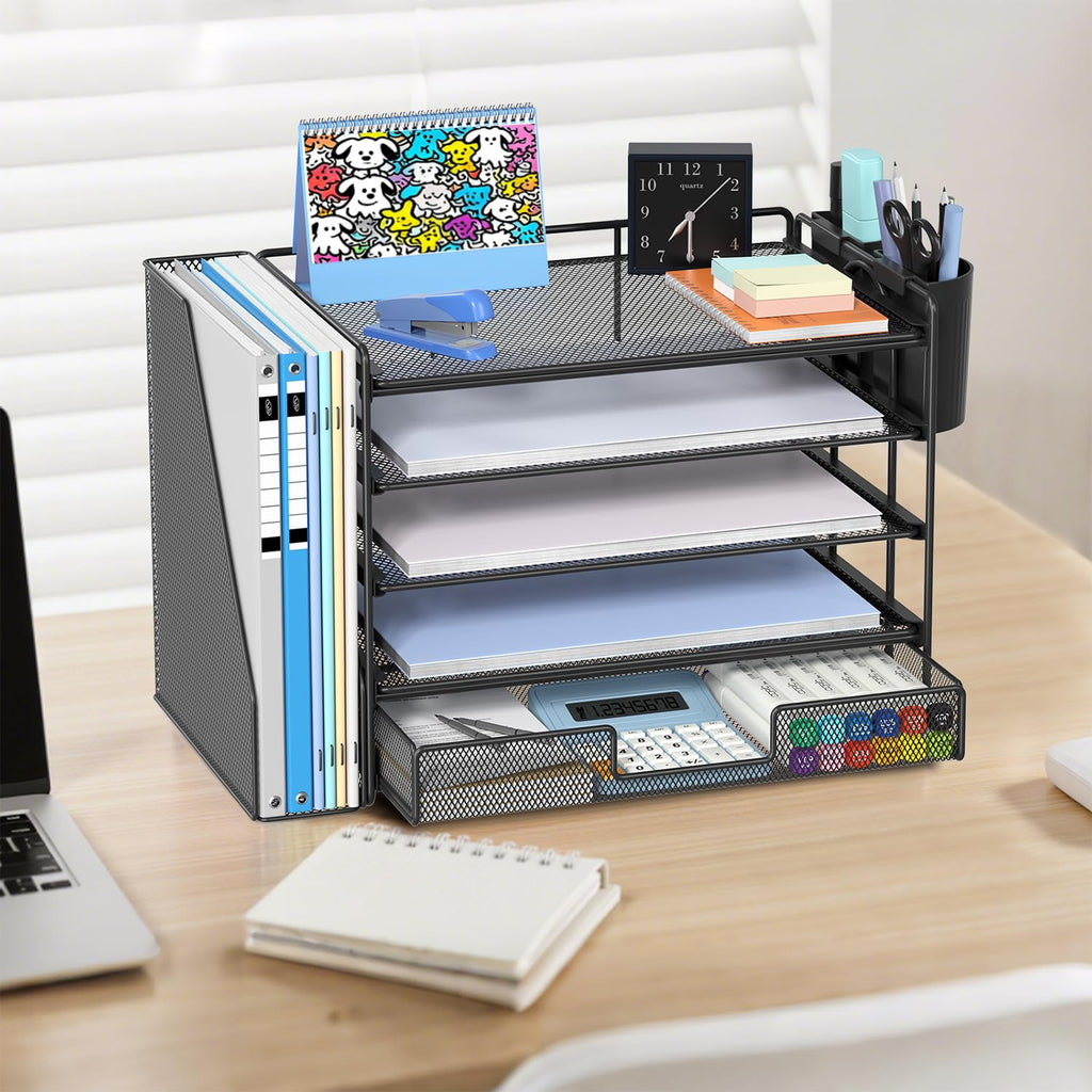 Gugsey Desk Organizer with File Holder, Organisateur et Accessoire de Bureau, 5-tier Paper Letter Tray with Drawer and Pen Holder, Mesh Desktop Office Supplies for School, Home, Office (Black)