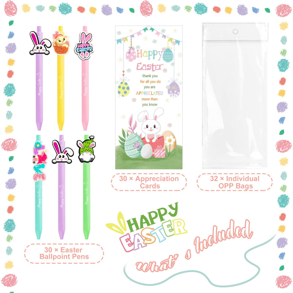 UgyDuky 30Pcs Easter Party Favors Pens with Bunny & Egg Toppers, Happy Easter Printed Ballpoint Pens, Spring Holiday Writing Pens with Thank You Cards, Office & Classmates Gift Exchanges