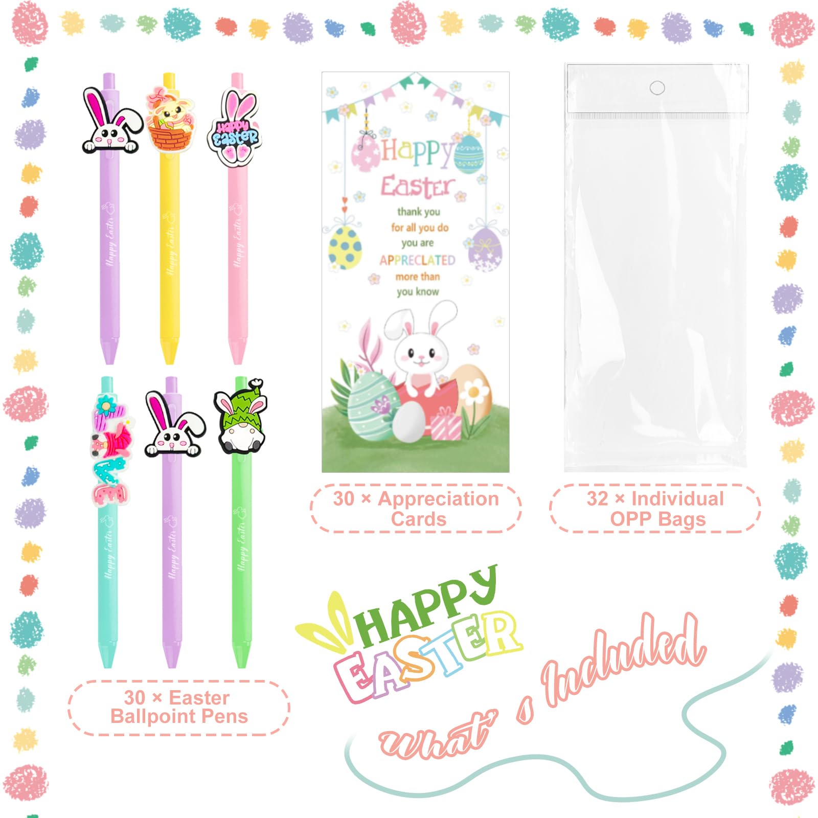 UgyDuky 30Pcs Easter Party Favors Pens with Bunny & Egg Toppers, Happy Easter Printed Ballpoint Pens, Spring Holiday Writing Pens with Thank You Cards, Office & Classmates Gift Exchanges