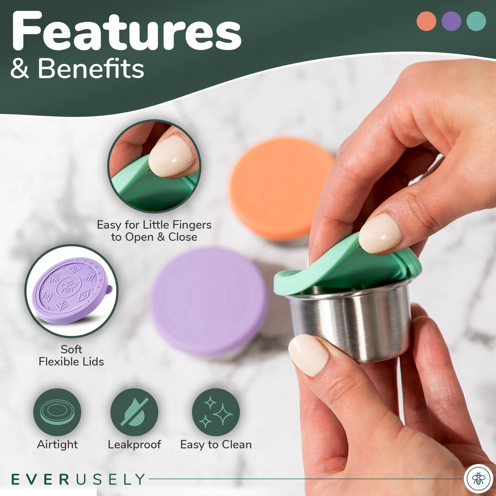 Everusely - Stainless Steel Food Containers - 3 Pack, Bright - Lunch Box - Snack Containers for Office, Home Food Storage - Leakproof w/Silicone Lids - Dishwasher & Freezer Safe