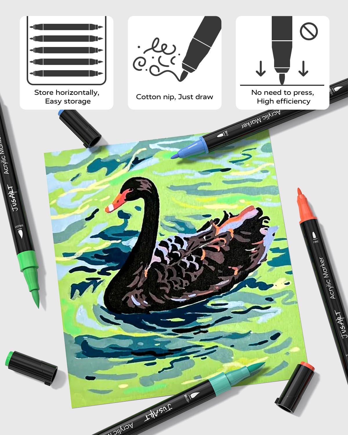 JusArt 60 Colors Dual Tip Acrylic Paint Pens Markers, Brush and Fine Tip, Premium Paint Pens for Wood, Canvas, Egg, Stone, Fabric, Rocks, Metal, Glass, Ceramic, Art Supplies for Adult