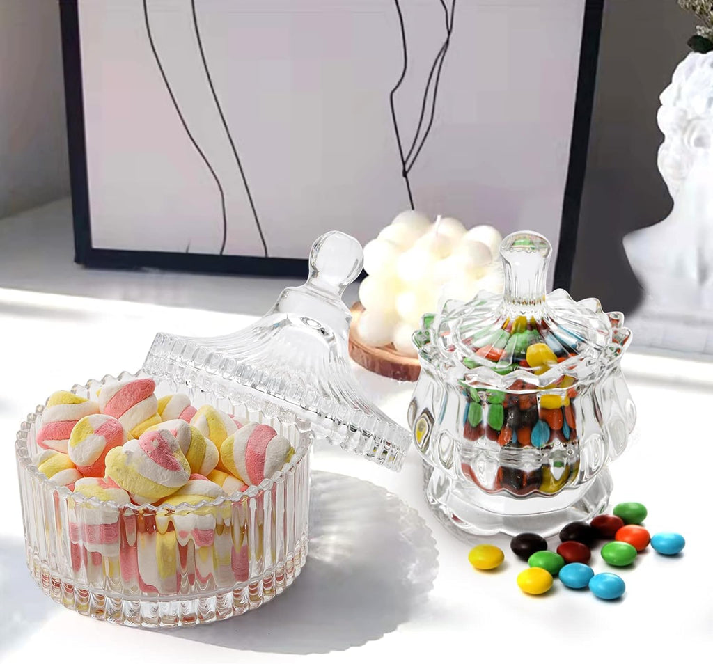 YOUEON Set of 4 Glass Covered Candy Dish with Lid, Crystal Candy Jar Clear Decorative Glass Jars Sugar Dish for Candy Buffet, Party, Wedding, Countertop, 4 Styles