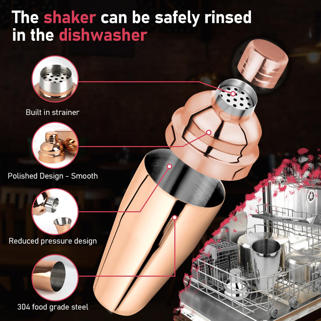 Cocktail Shaker Set Martini Shaker Set Bartender Set with Margarita Mixer Drink Shaker, Measuring Jigger and Mixing Spoon - Professional 18/8 Stainless Steel Bar Tools for Mixed Drinks, Rose Gold
