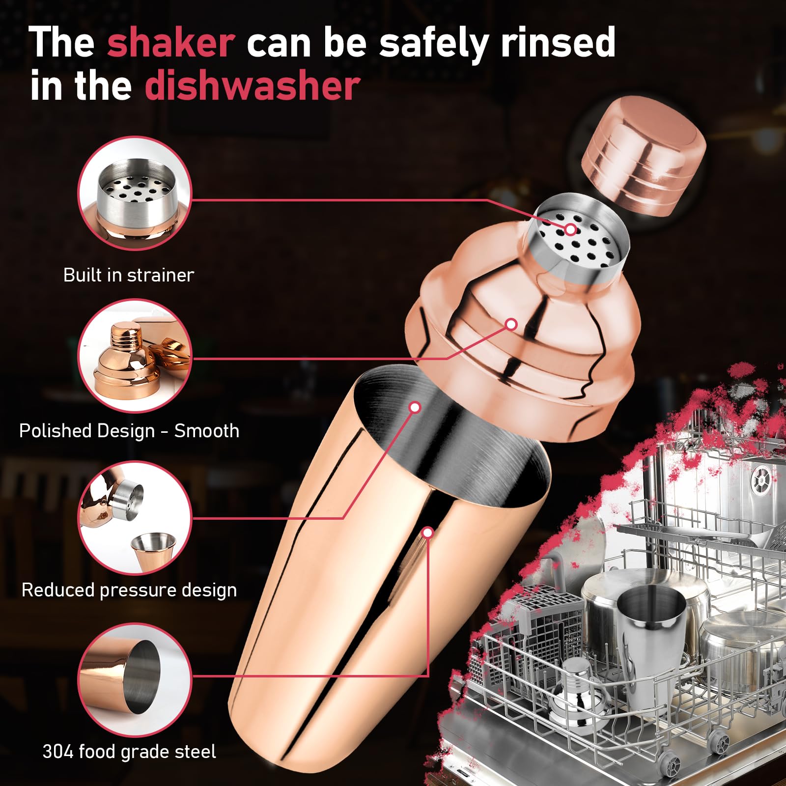 Cocktail Shaker Set Martini Shaker Set Bartender Set with Margarita Mixer Drink Shaker, Measuring Jigger and Mixing Spoon - Professional 18/8 Stainless Steel Bar Tools for Mixed Drinks, Rose Gold