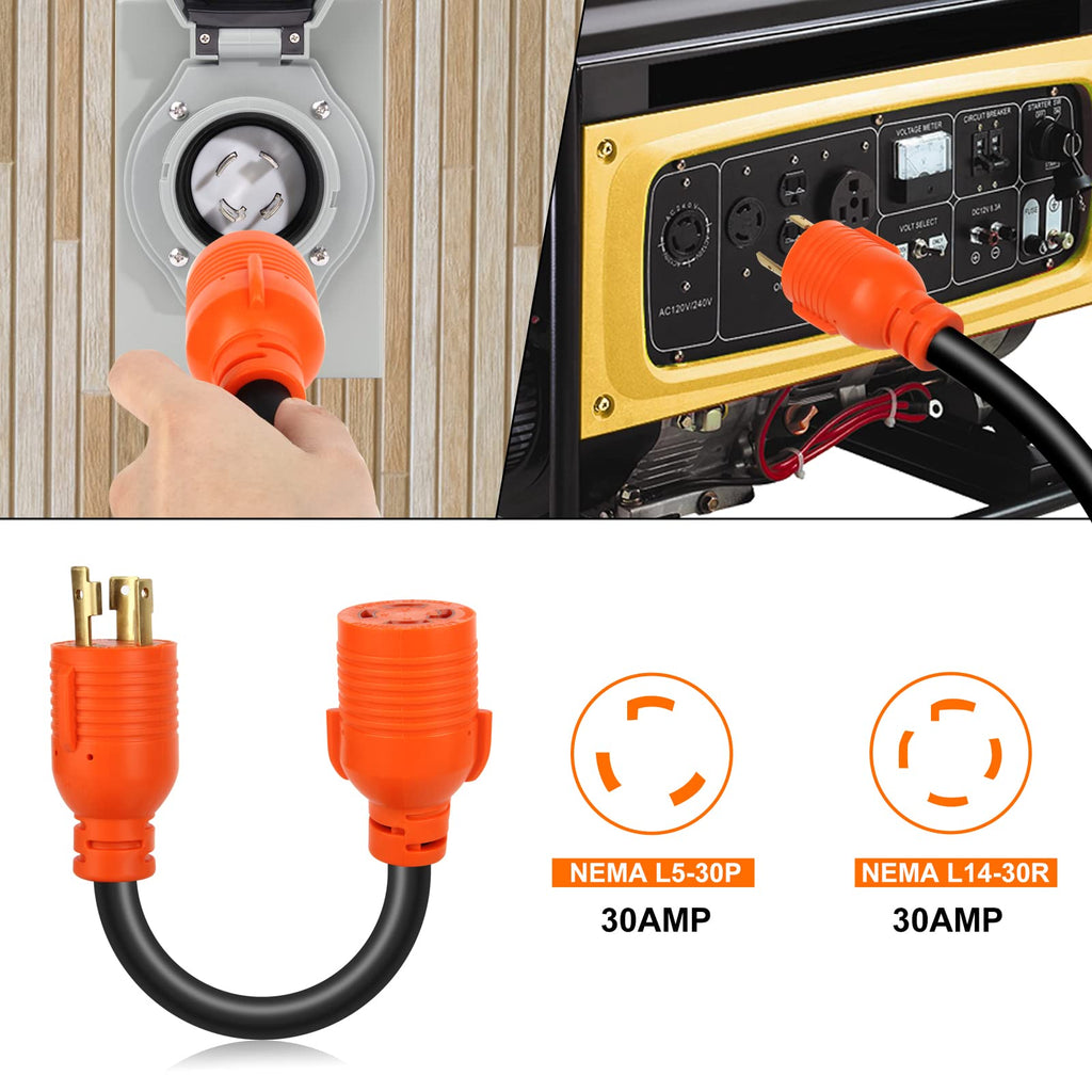 OPL5 NEMA L5-30P Male Plug to L14-30R Female 18 Inch, 4 Prong to 3 Prong Generator Plug Adapter Cord , Generator to House Inlet Box, STW 10 AWG (L5-30P/L14-30R)