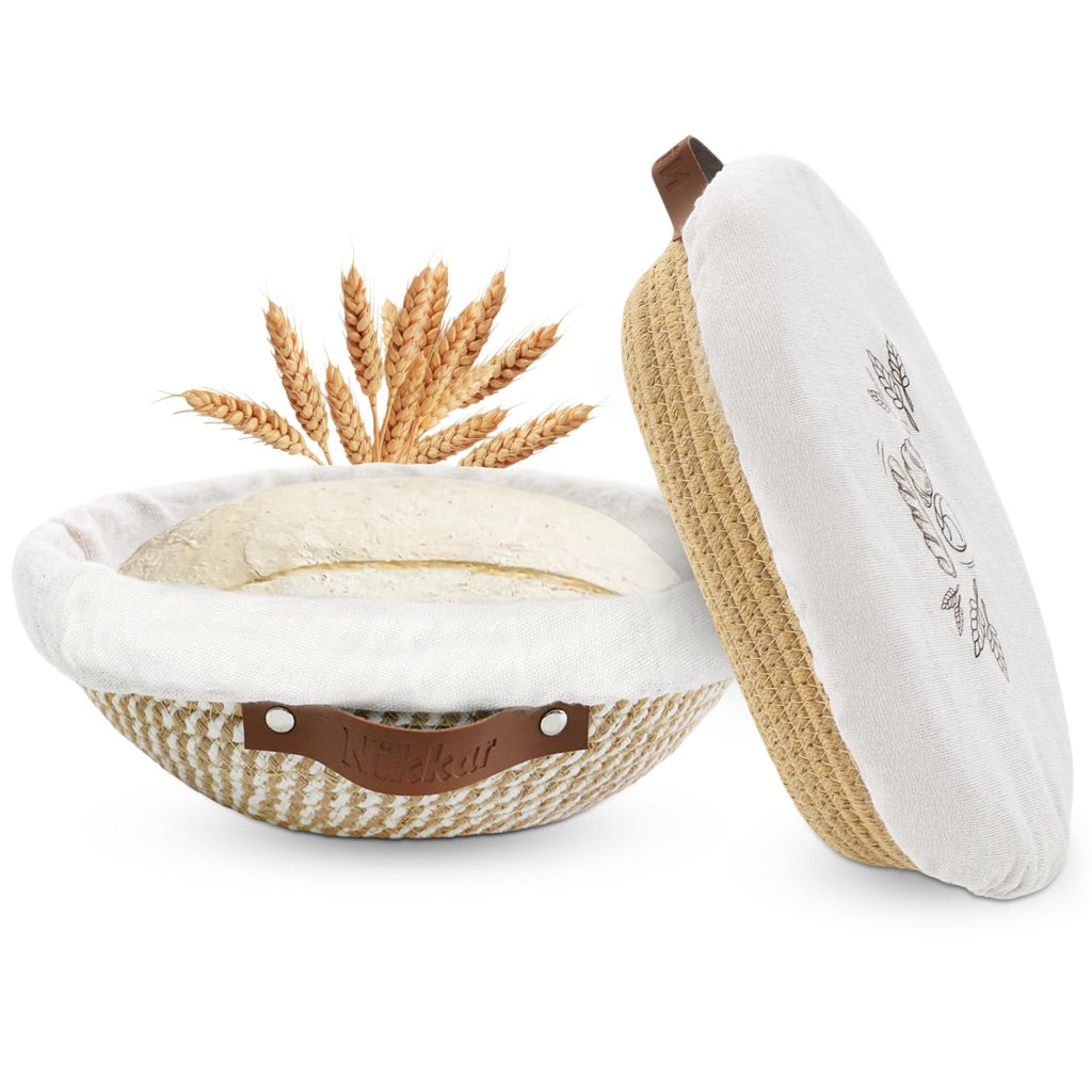 Nikkar Banneton Bread Proofing Basket Set of 2, 9 10 11Inch Round Oval Cotton Rope Sourdough Bread Baking Supplies Proofing Bowls with Liners & Covers Gifts for Bakers Women Wife Mom